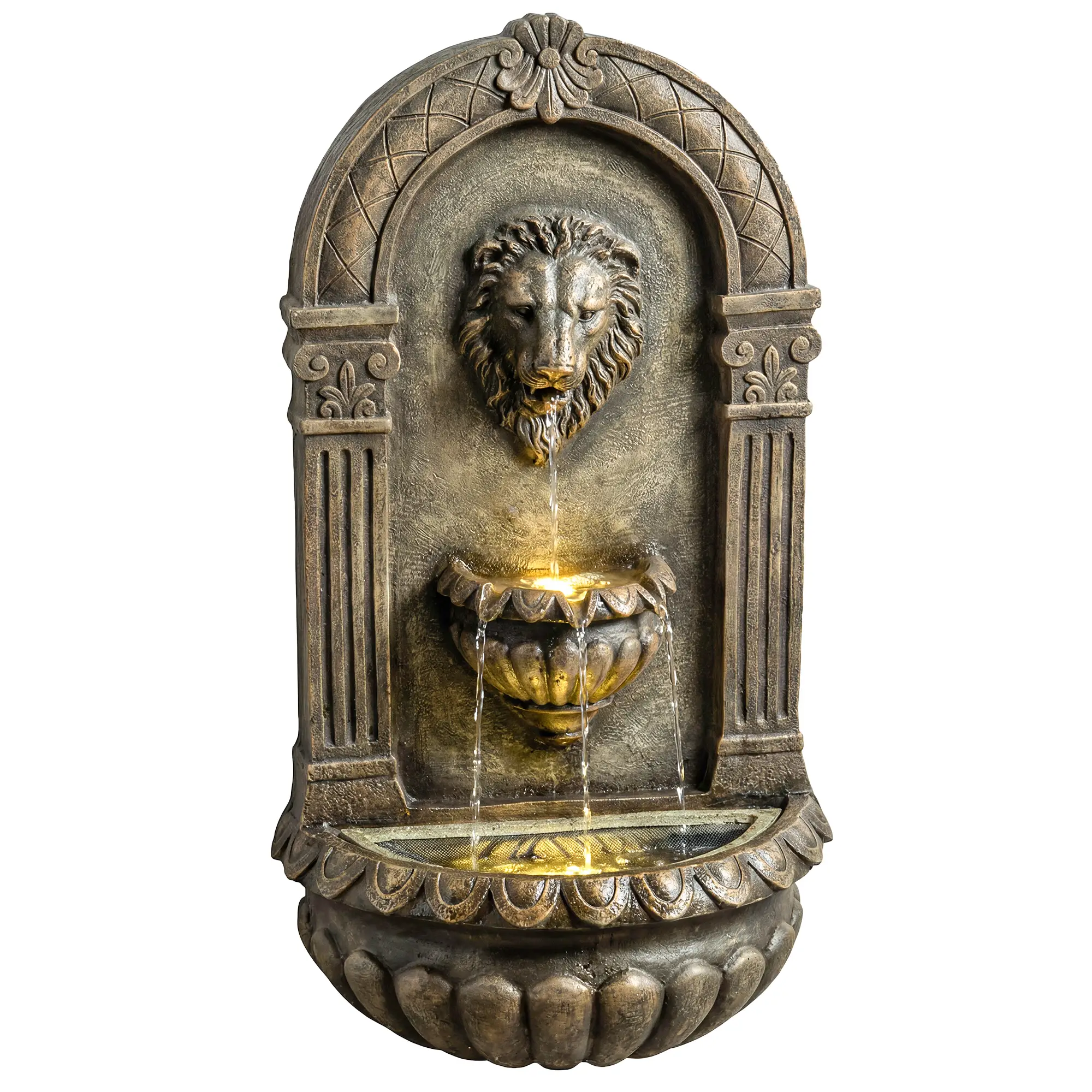 Wall Mounted 3 Tier Outdoor Fountain, Resin Waterfall With LED Lights, Rustic Brown - Image 11