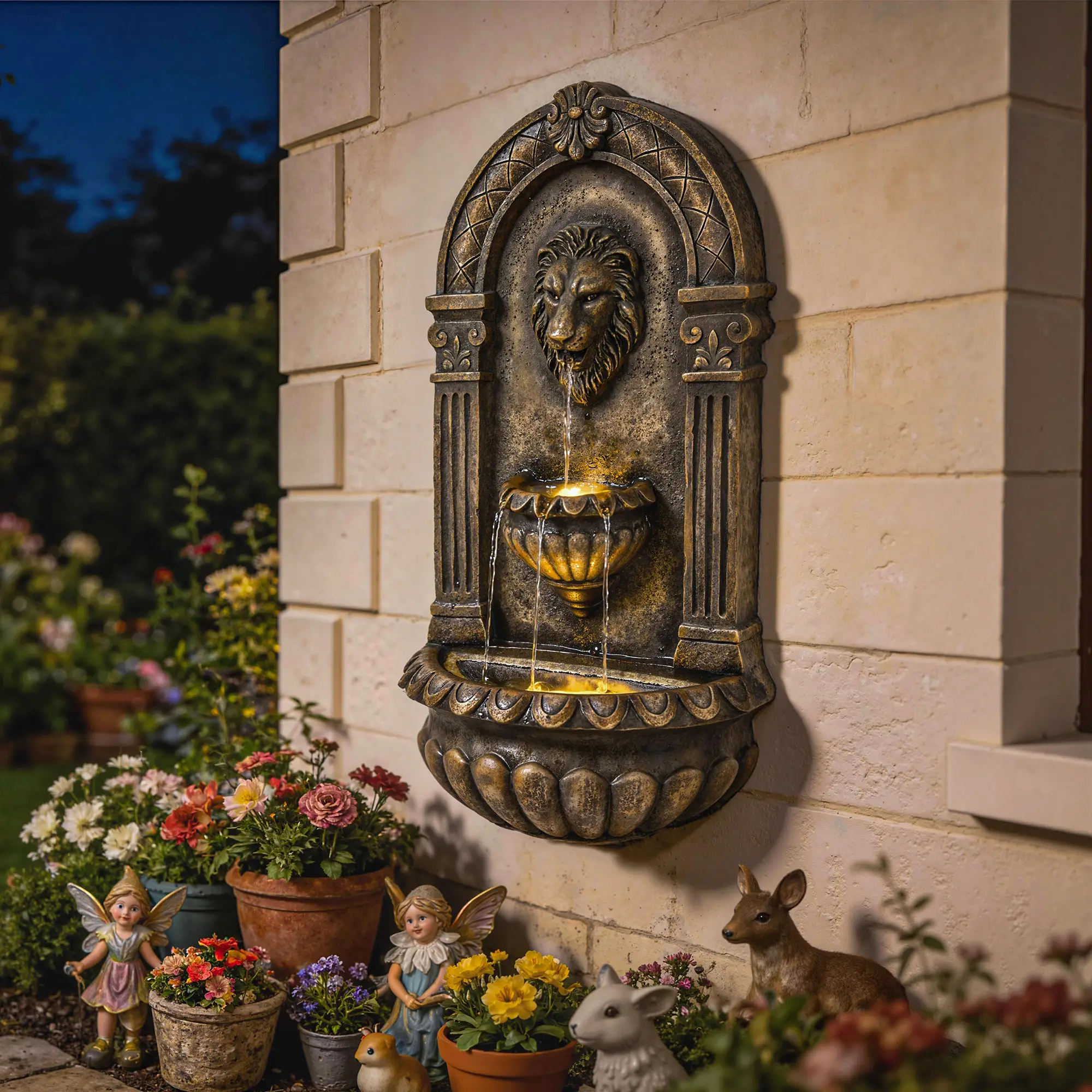 Wall Mounted 3 Tier Outdoor Fountain, Resin Waterfall With LED Lights, Rustic Brown - Image 2