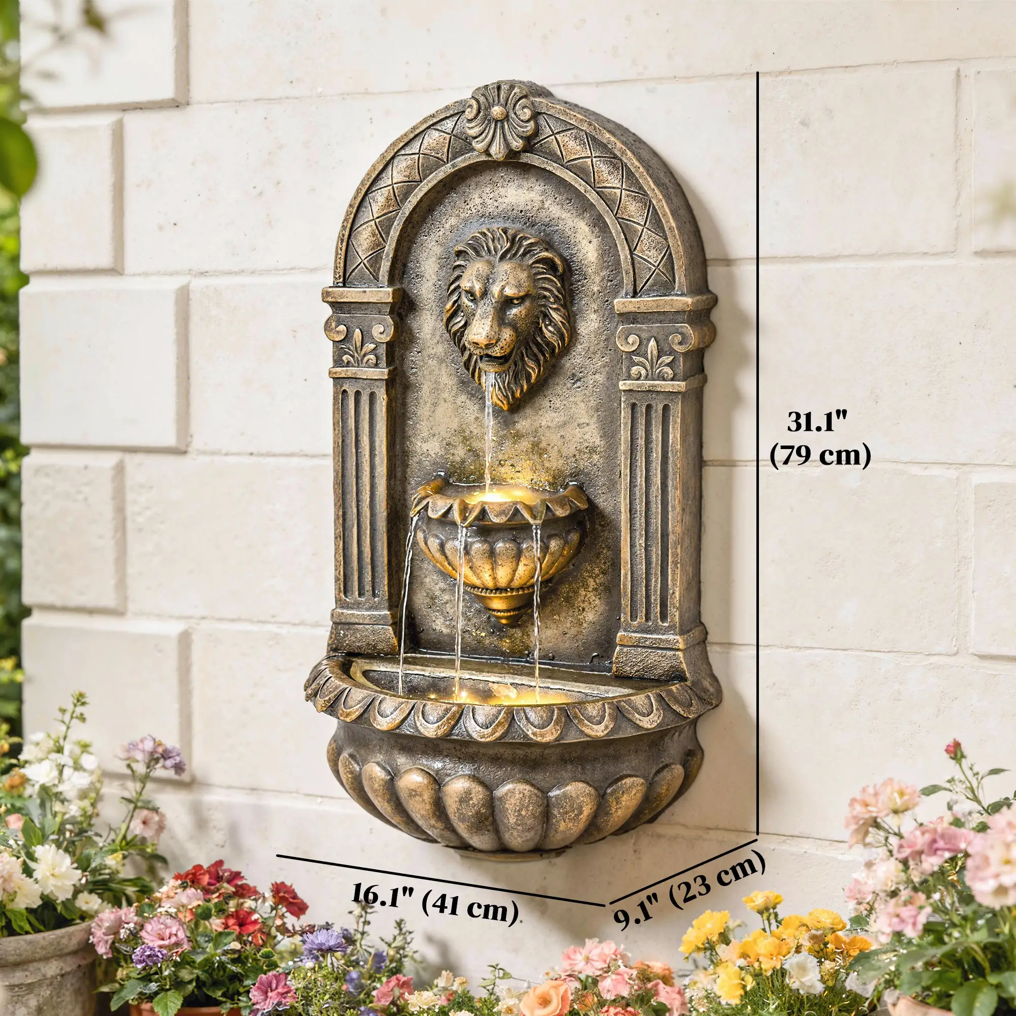 Wall Mounted 3 Tier Outdoor Fountain, Resin Waterfall With LED Lights, Rustic Brown - Image 3