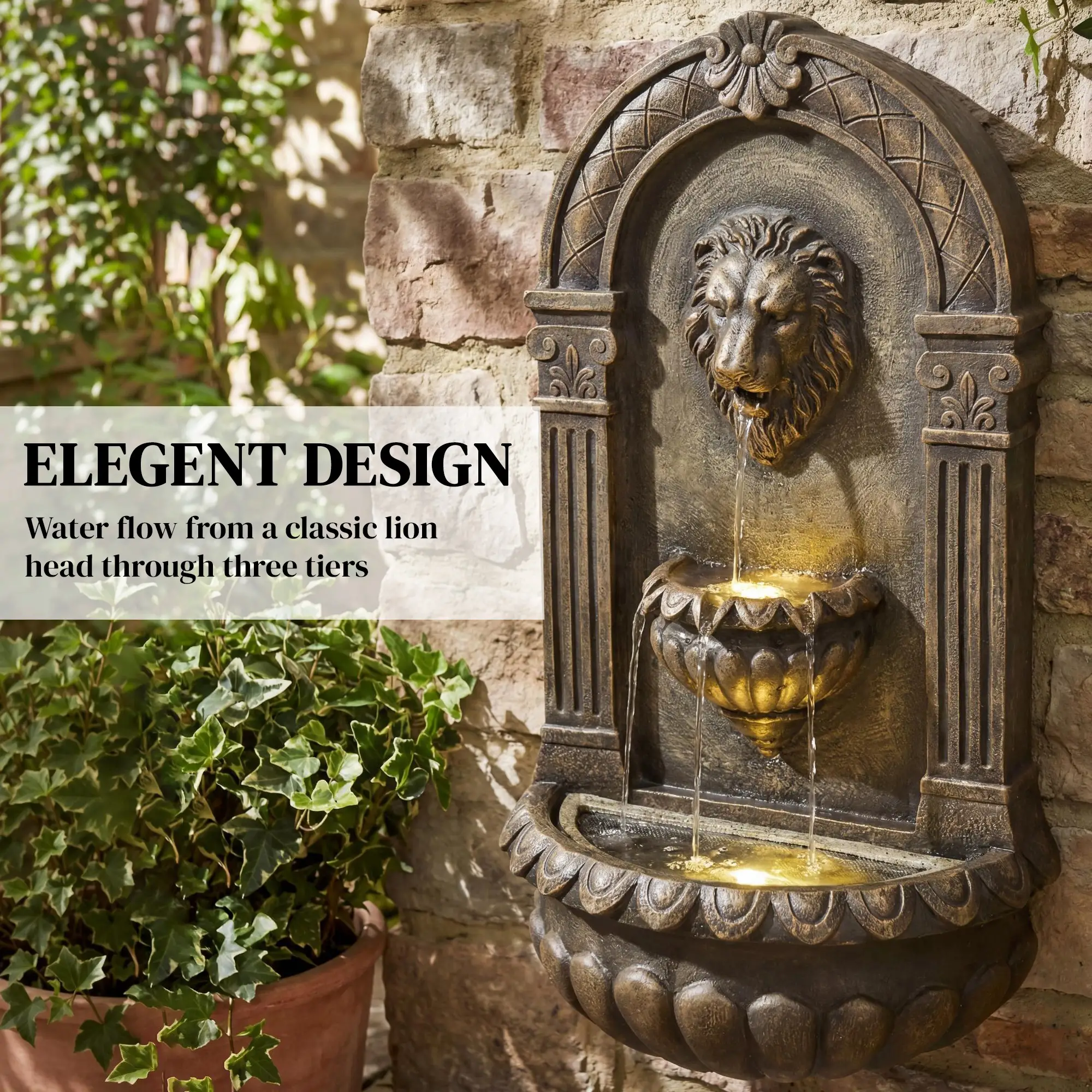 Wall Mounted 3 Tier Outdoor Fountain, Resin Waterfall With LED Lights, Rustic Brown - Image 4