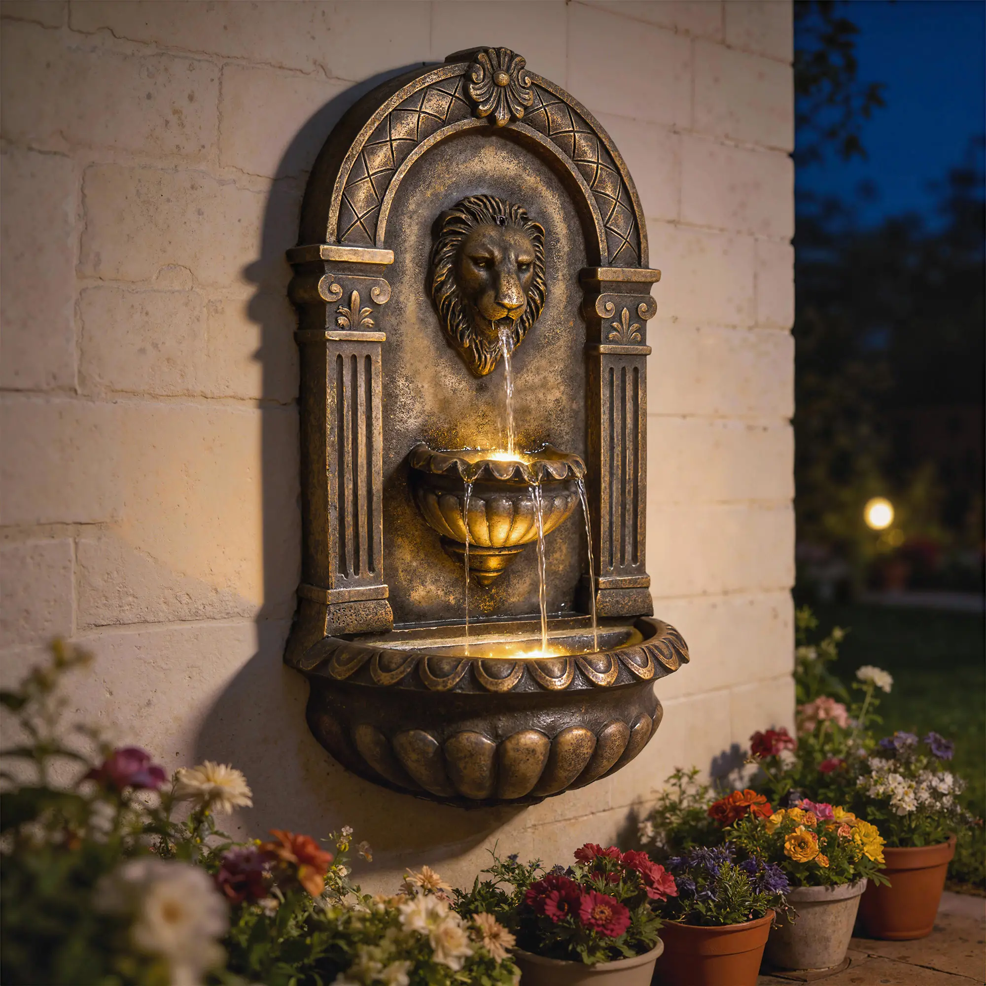 Wall Mounted 3 Tier Outdoor Fountain, Resin Waterfall With LED Lights, Rustic Brown - Image 8