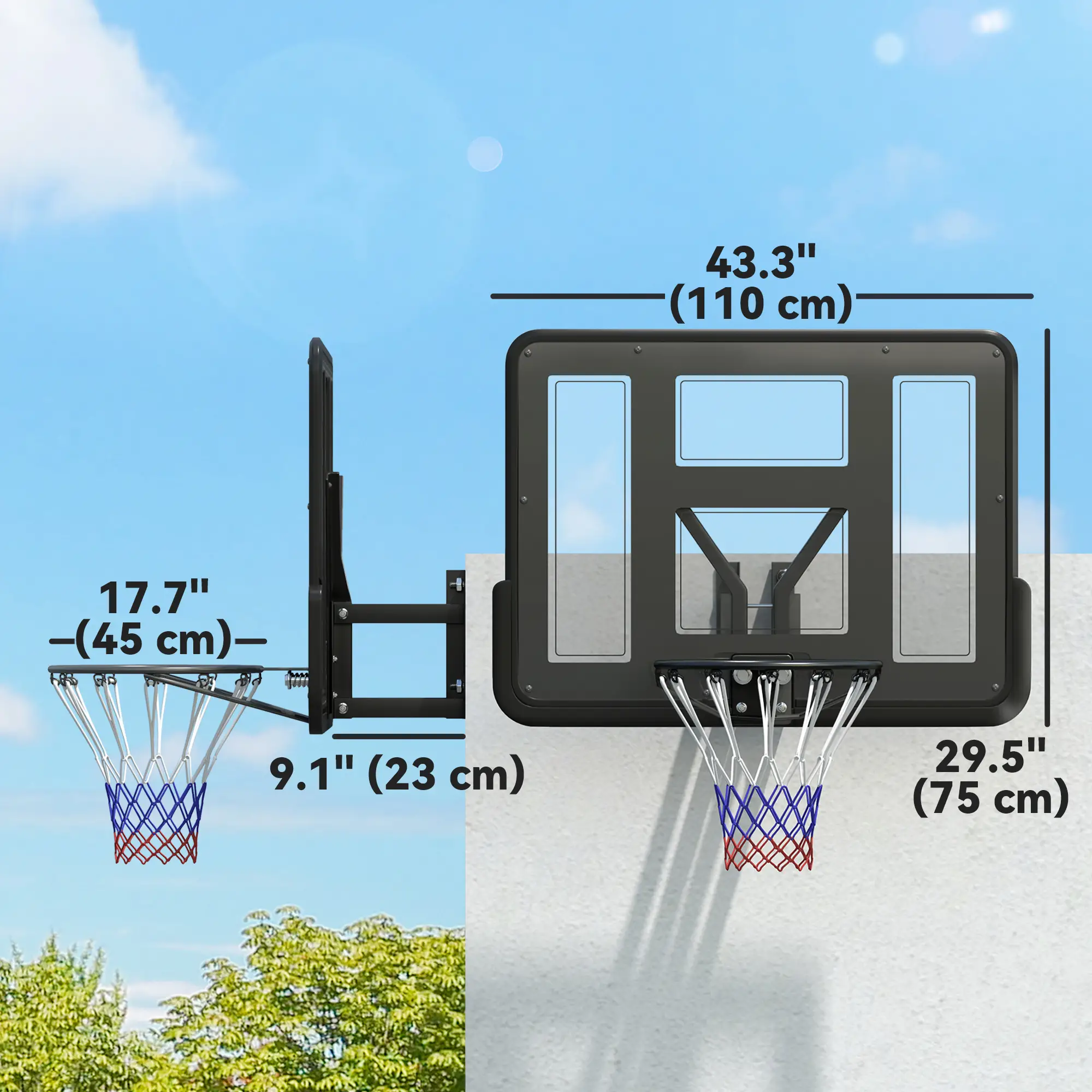 Wall Mounted Basketball Hoop, 43" Shatter Resistant Backboard, All Weather Net - Image 3