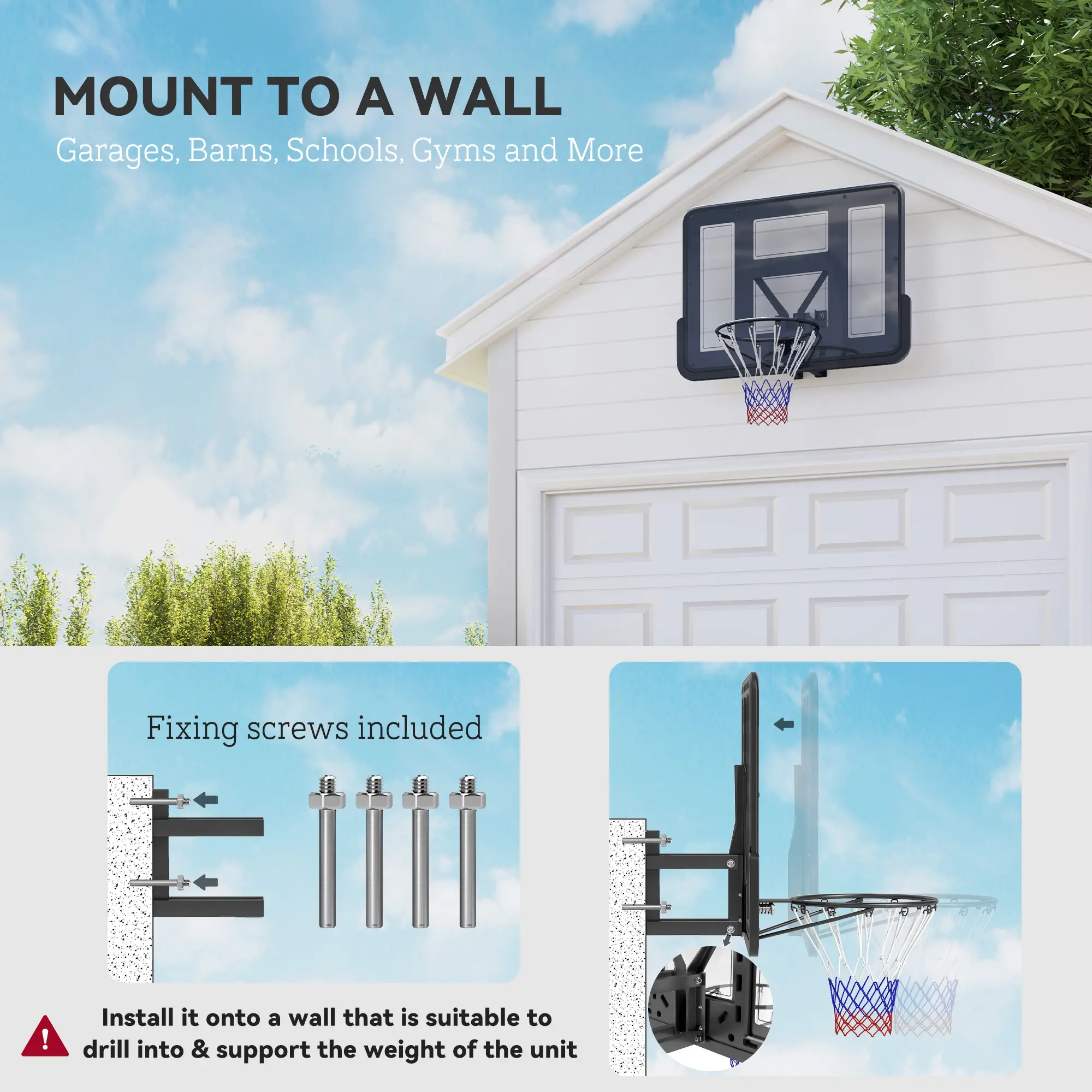Wall Mounted Basketball Hoop, 43" Shatter Resistant Backboard, All Weather Net - Image 4