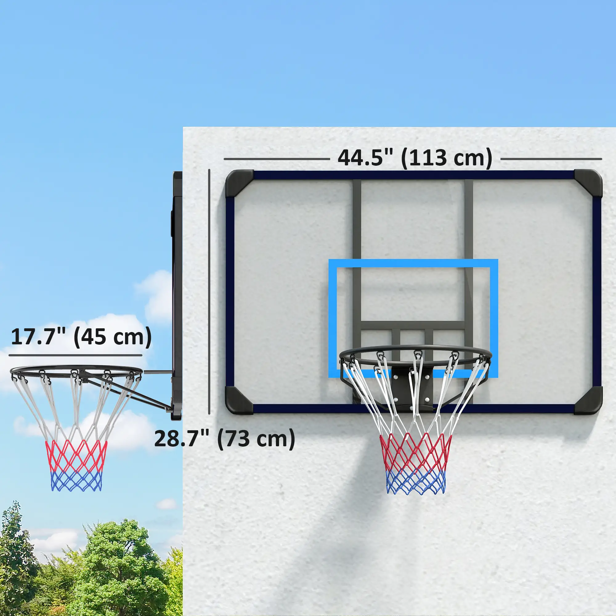 Wall Mounted Basketball Hoop, 45" x 29" Backboard, Durable Rim, All-Weather Net - Image 3