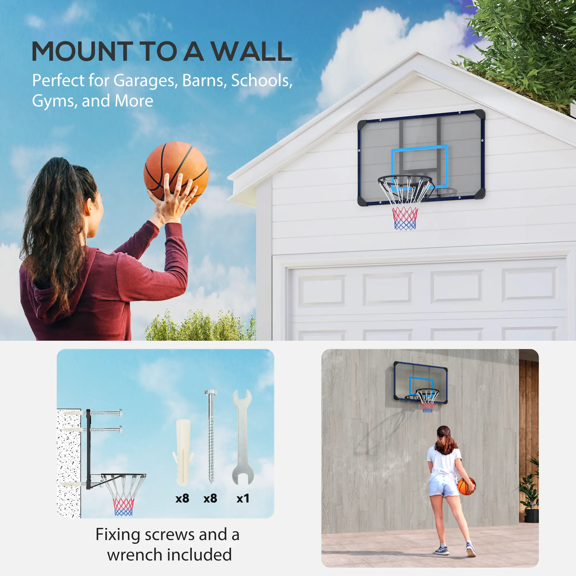 Wall Mounted Basketball Hoop, 45" x 29" Backboard, Durable Rim, All-Weather Net - Image 4