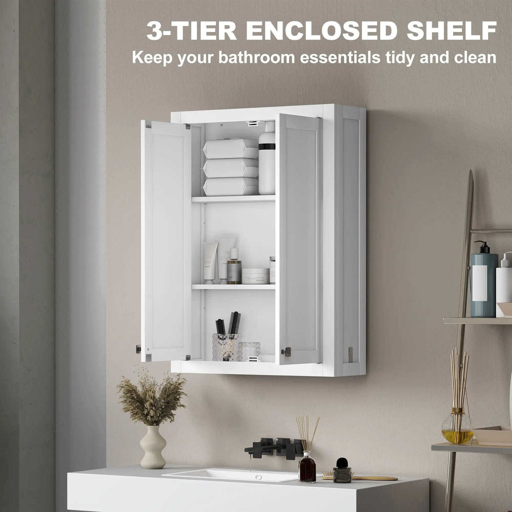 Wall Mounted Bathroom Cabinet, 2 Doors, 2 Adjustable Shelves, White - Image 5