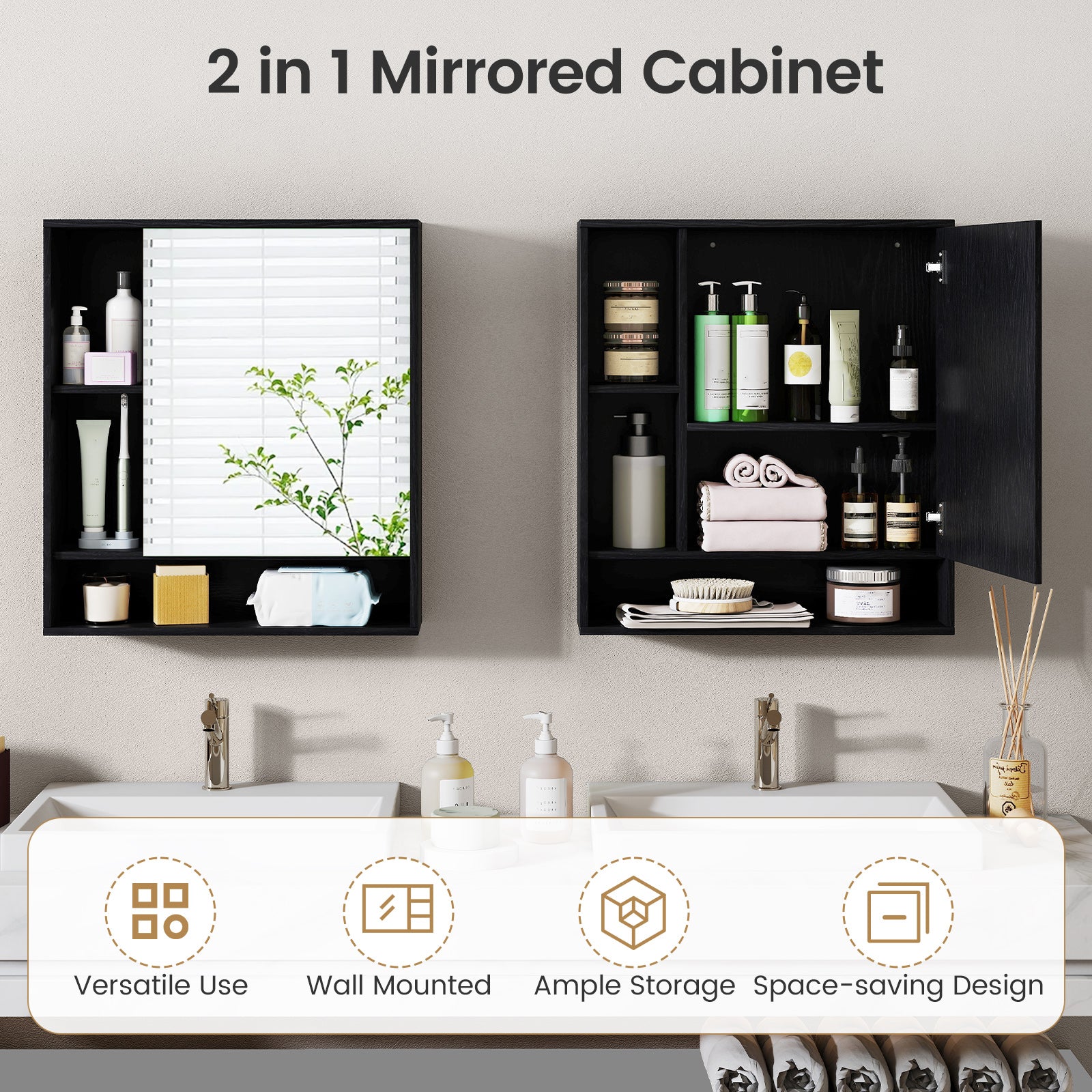 Wall Mounted Bathroom Cabinet With Mirror, Single Door, Black - Image 10