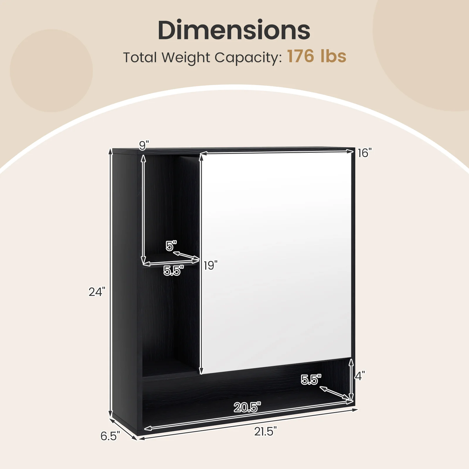 Wall Mounted Bathroom Cabinet With Mirror, Single Door, Black - Image 6