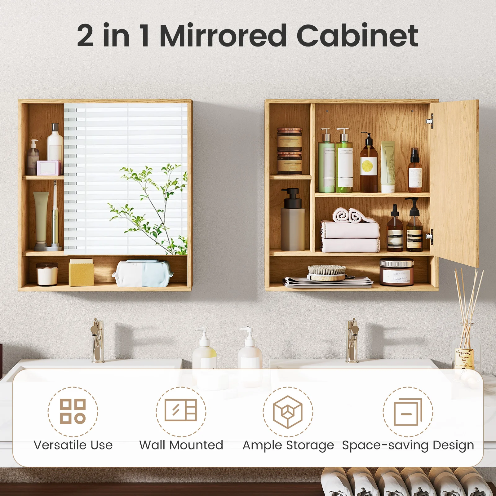 Wall Mounted Bathroom Cabinet With Mirror, Single Door, Natural - Image 10