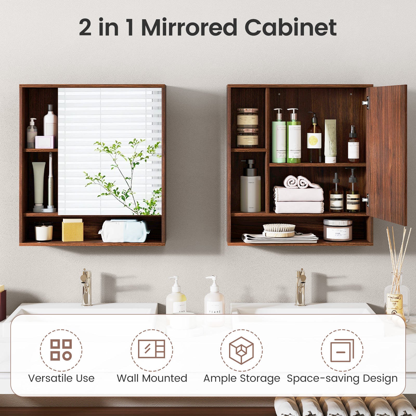 Wall Mounted Bathroom Cabinet With Mirror, Single Door, Walnut - Image 10