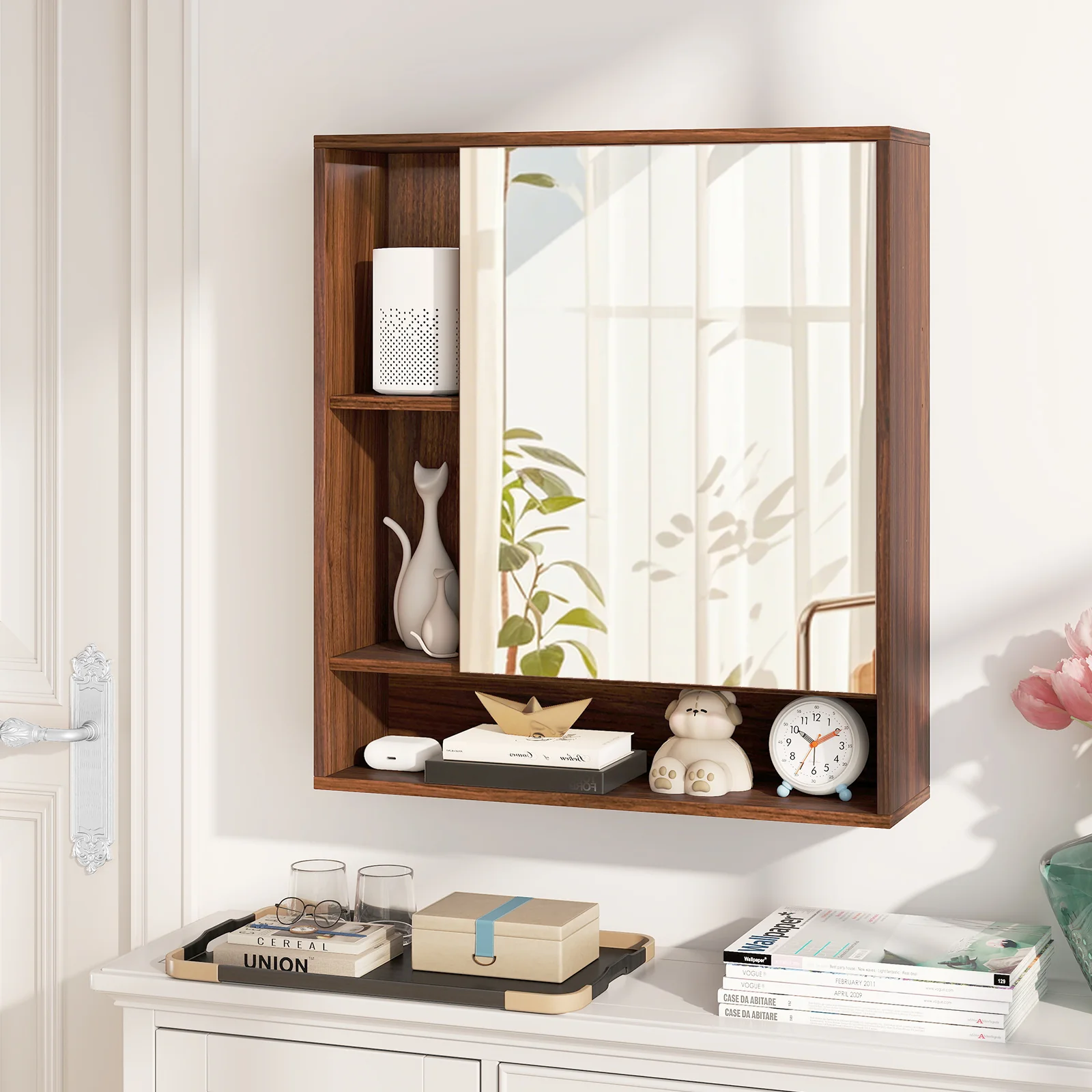 Wall Mounted Bathroom Cabinet With Mirror, Single Door, Walnut - Image 2