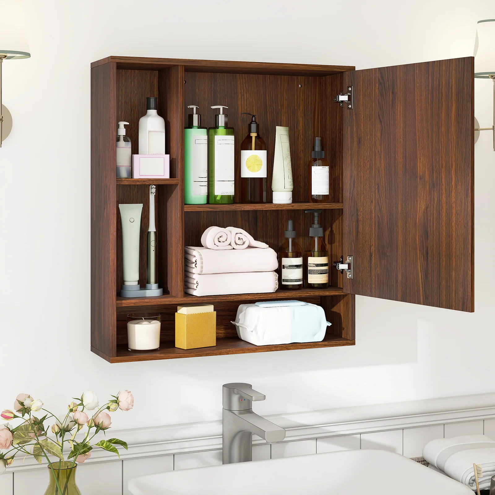 Wall Mounted Bathroom Cabinet With Mirror, Single Door, Walnut - Image 3