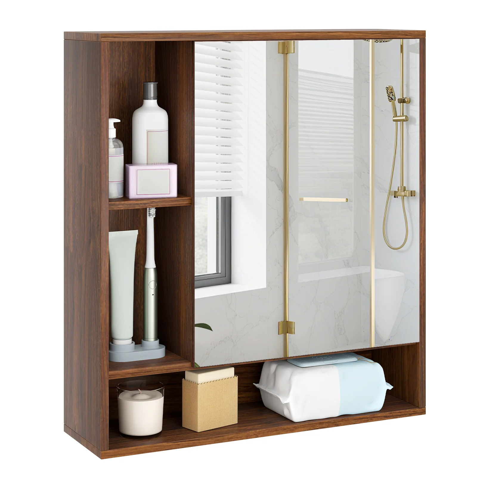 Wall Mounted Bathroom Cabinet With Mirror, Single Door, Walnut - Image 5