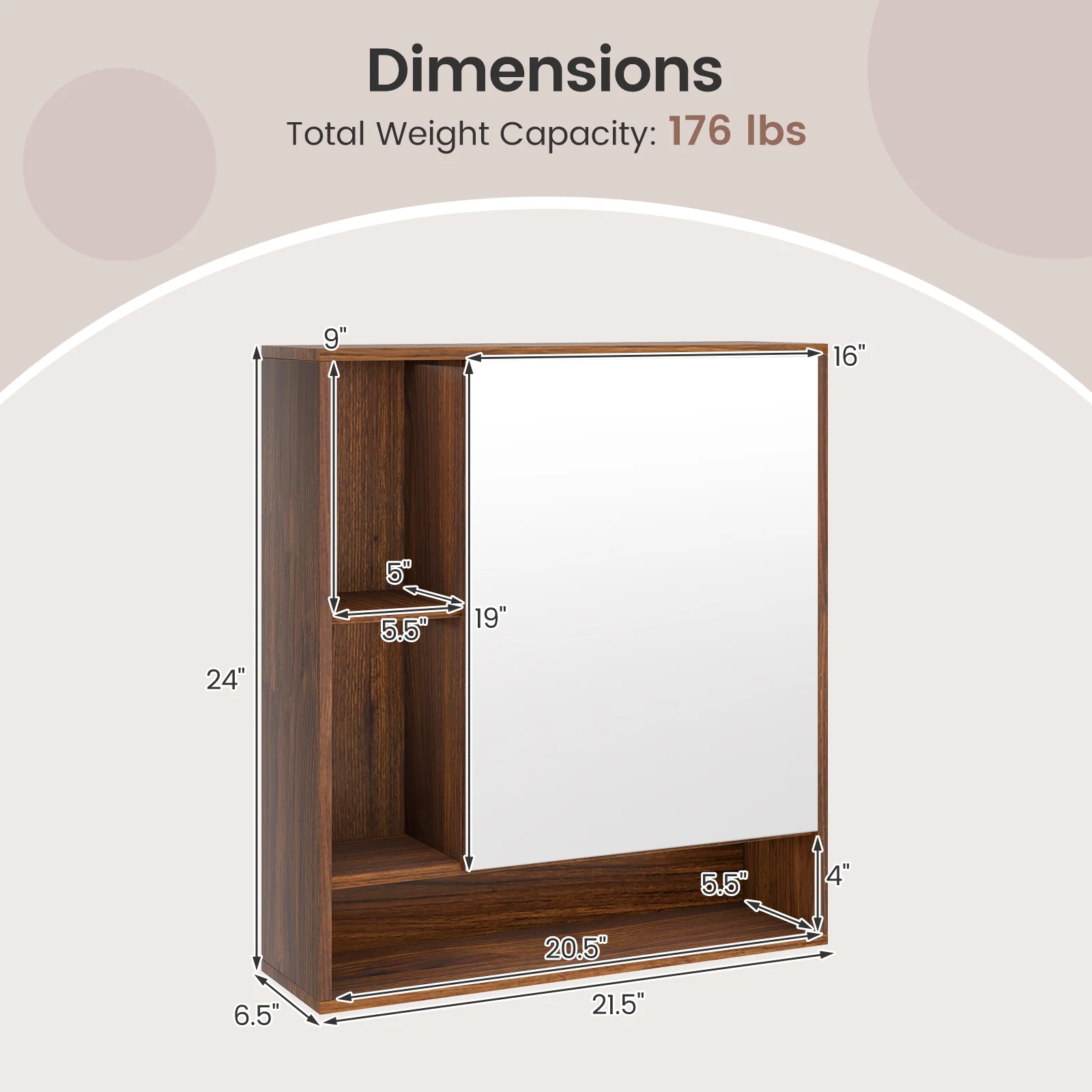 Wall Mounted Bathroom Cabinet With Mirror, Single Door, Walnut - Image 6