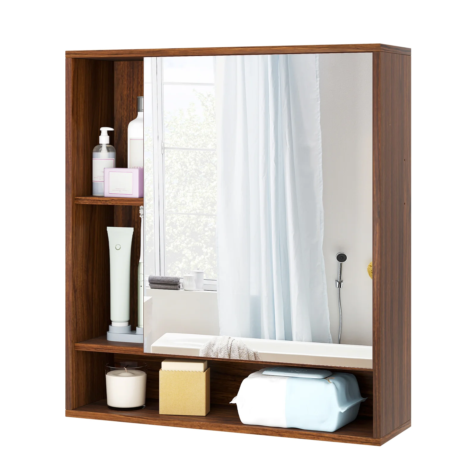 Wall Mounted Bathroom Cabinet With Mirror, Single Door, Walnut - Image 7