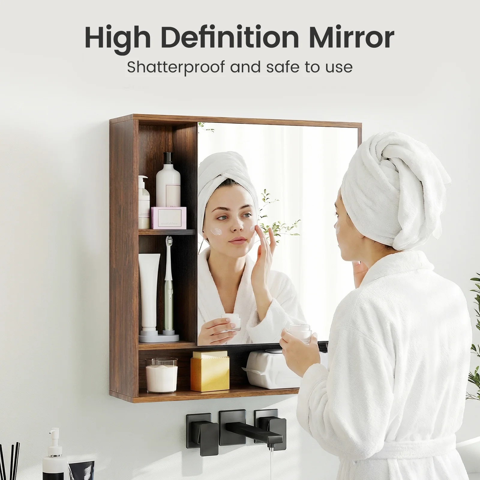 Wall Mounted Bathroom Cabinet With Mirror, Single Door, Walnut - Image 9