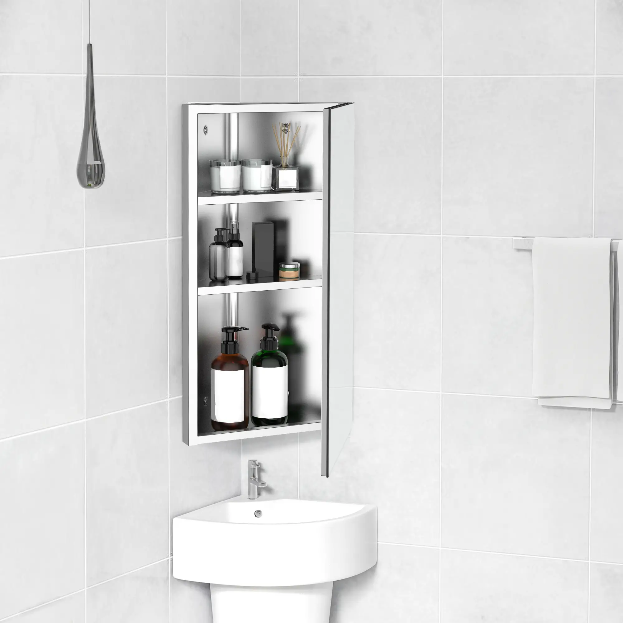Wall Mounted Bathroom Corner Mirror Cabinet, Single Door, Stainless Steel - Image 2
