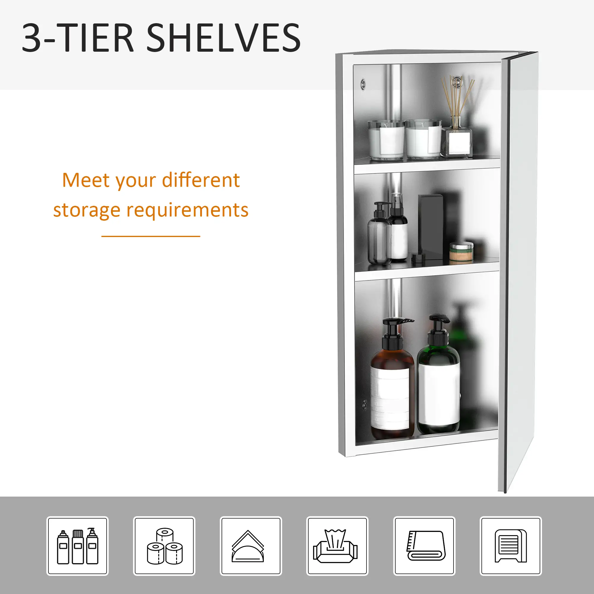 Wall Mounted Bathroom Corner Mirror Cabinet, Single Door, Stainless Steel - Image 4