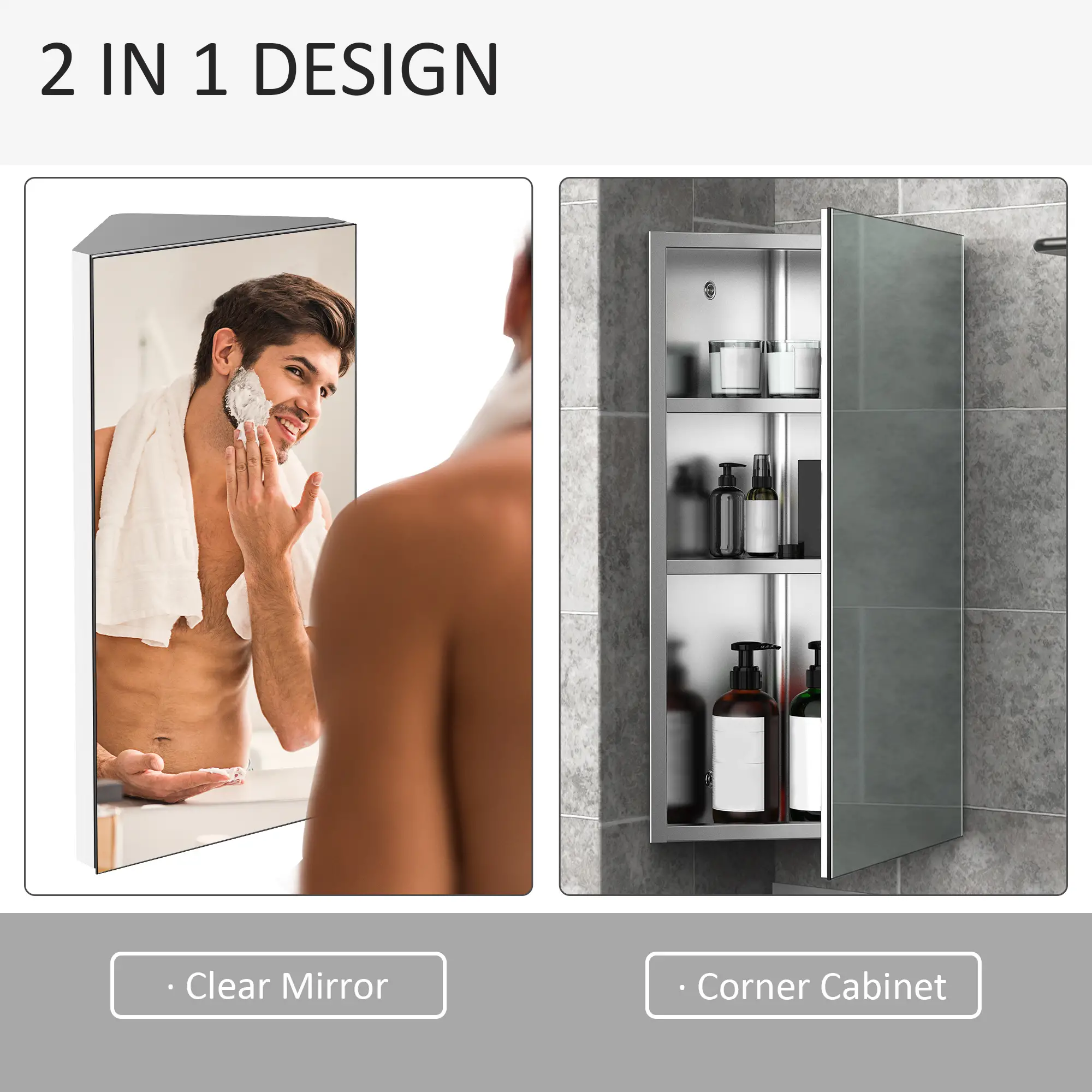 Wall Mounted Bathroom Corner Mirror Cabinet, Single Door, Stainless Steel - Image 5