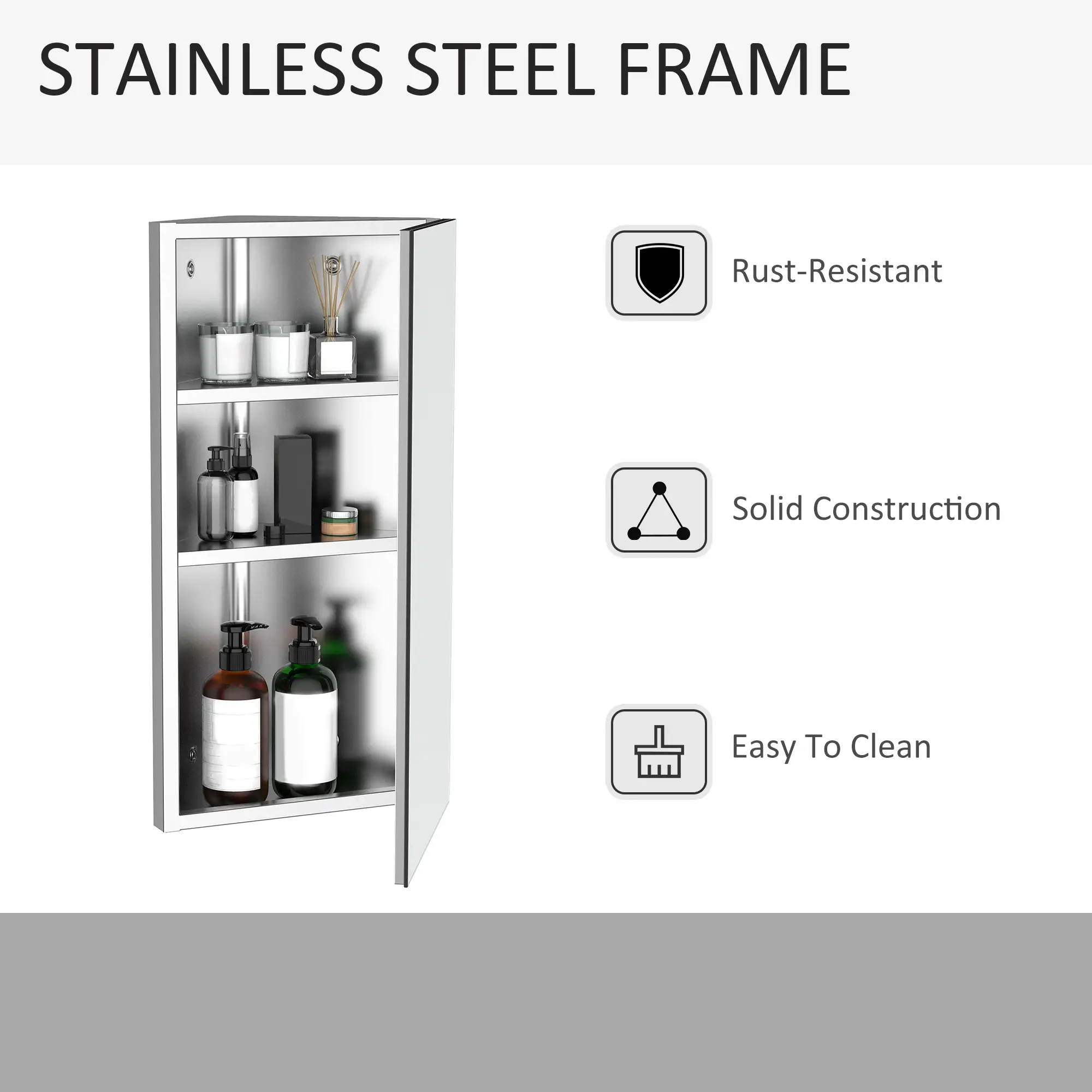 Wall Mounted Bathroom Corner Mirror Cabinet, Single Door, Stainless Steel - Image 6