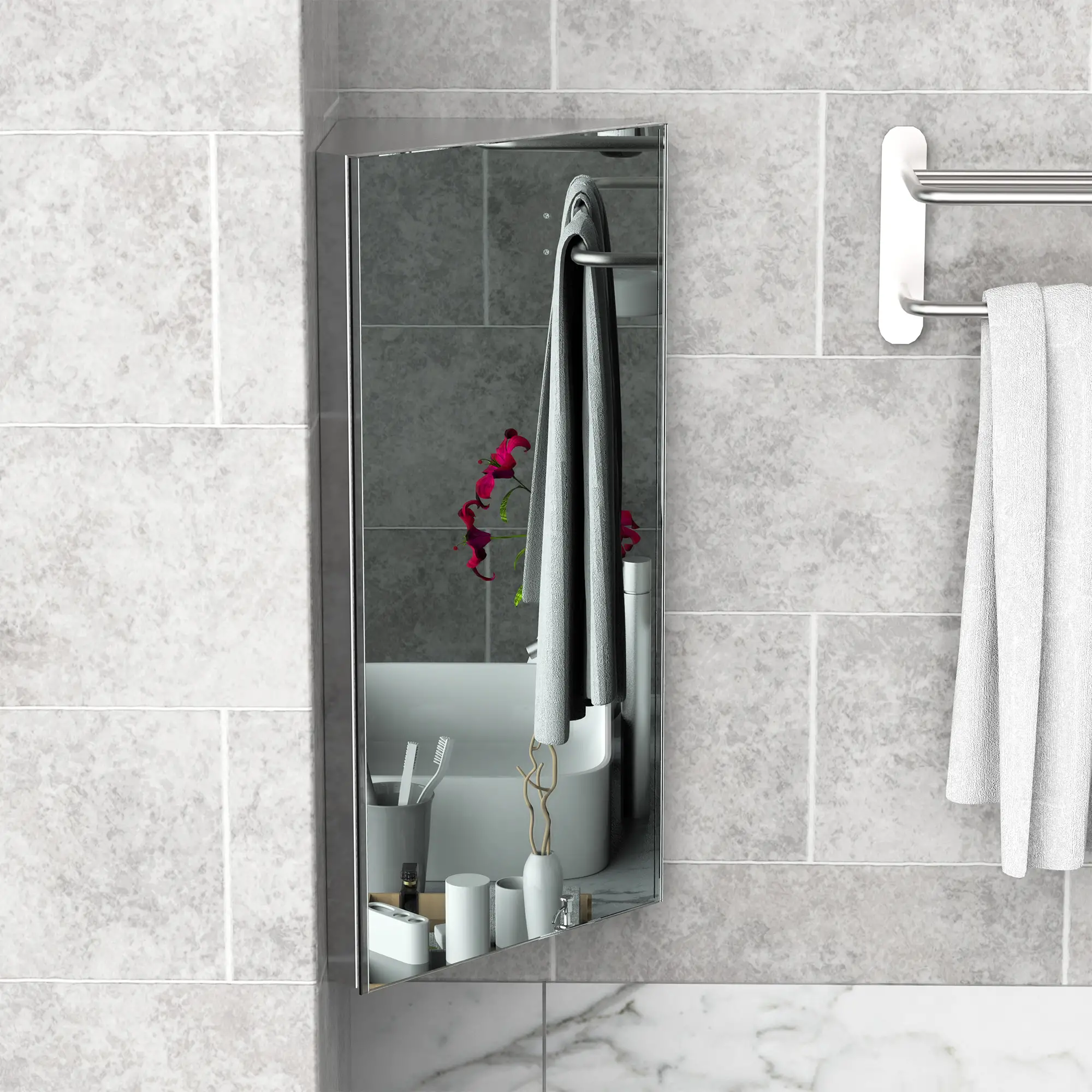 Wall Mounted Bathroom Corner Mirror Cabinet, Single Door, Stainless Steel - Image 7