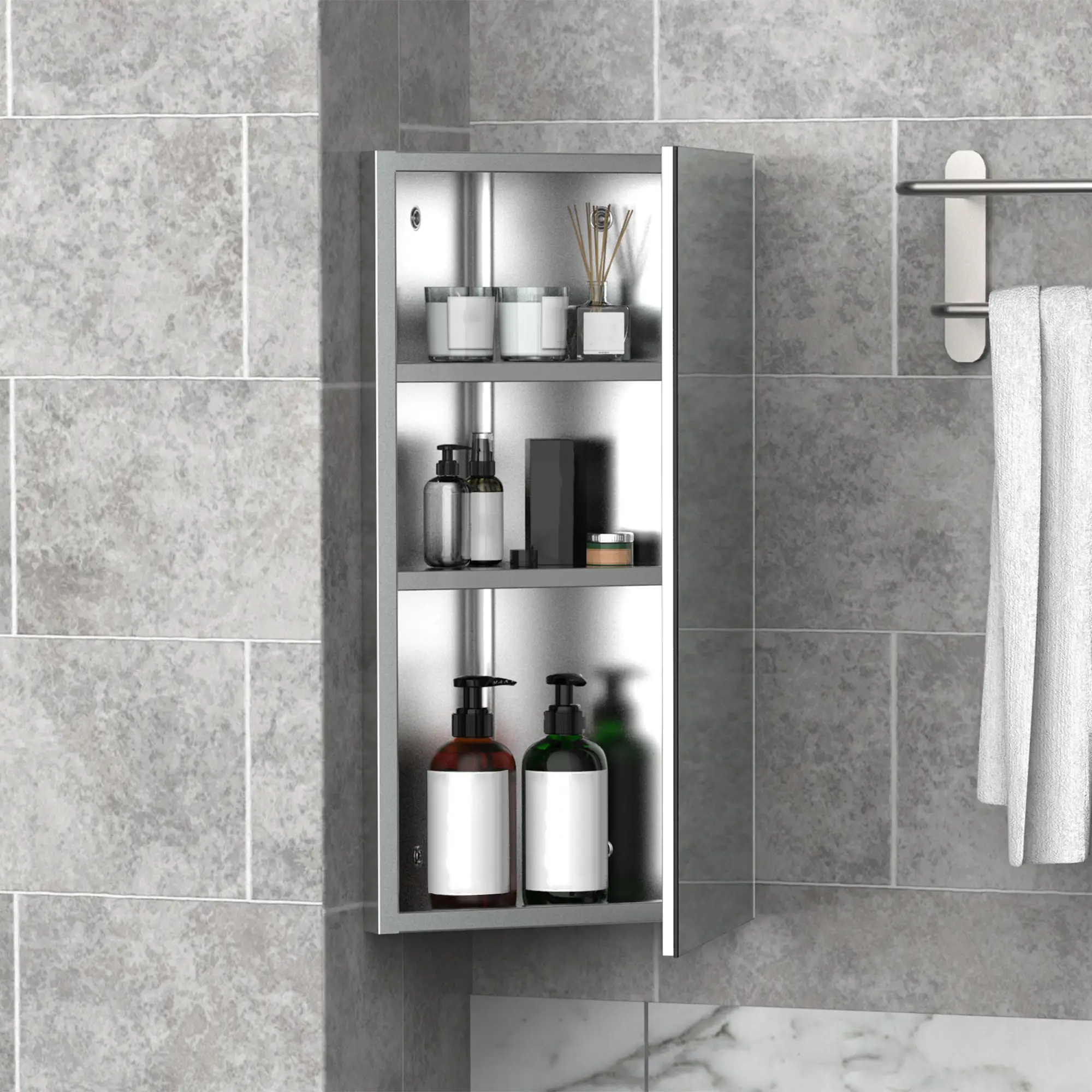 Wall Mounted Bathroom Corner Mirror Cabinet, Single Door, Stainless Steel - Image 8
