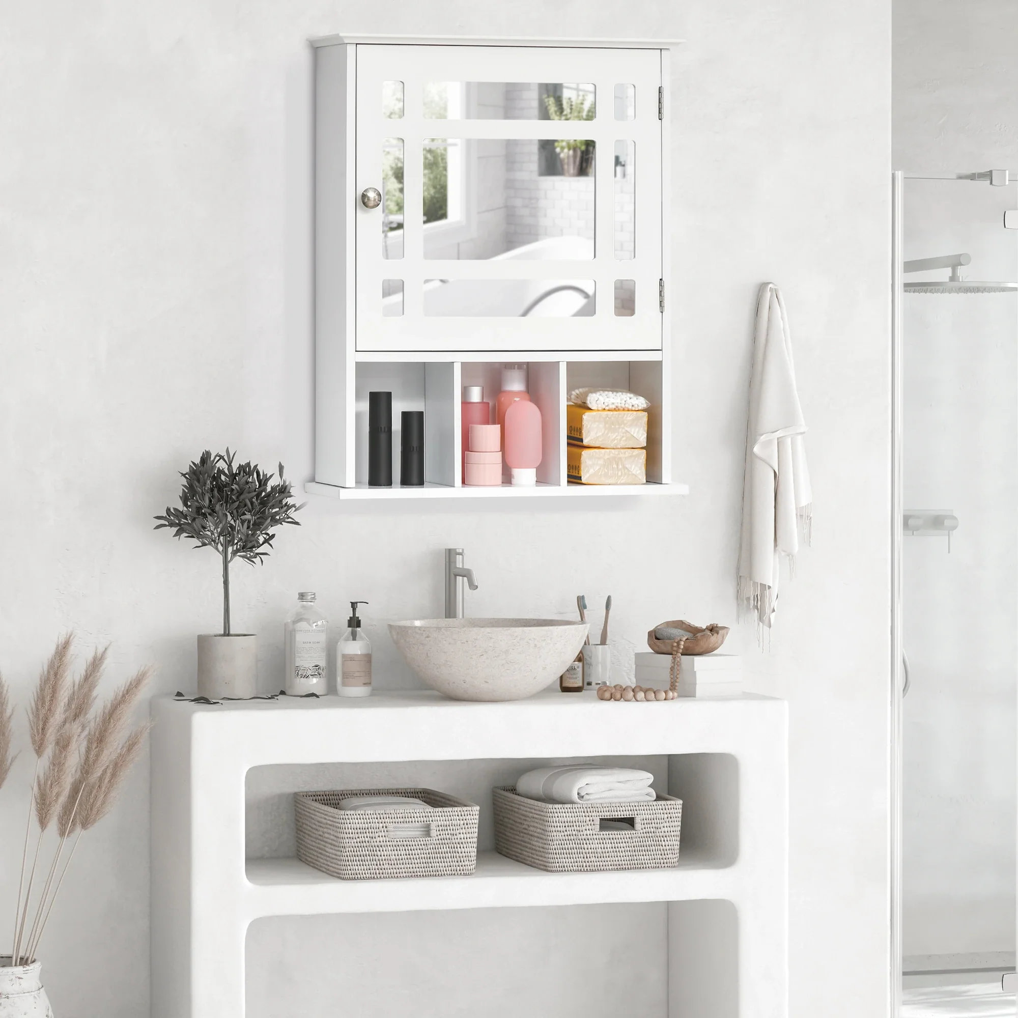 Wall Mounted Bathroom Mirror Cabinet, 3 Shelf Organizer, White - Image 2