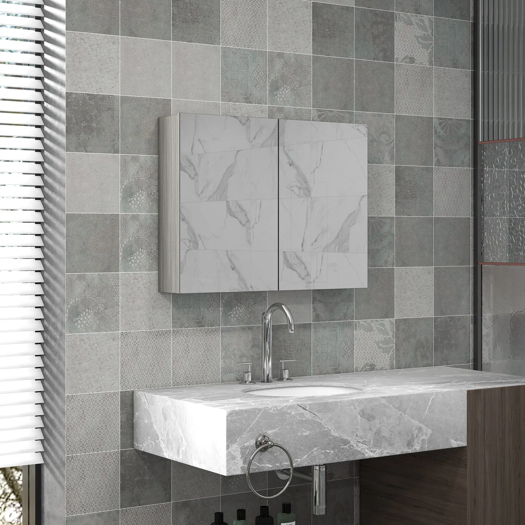 Wall-Mounted Bathroom Mirror Cabinet, Double Doors, Adjustable Shelf, Grey - Image 2