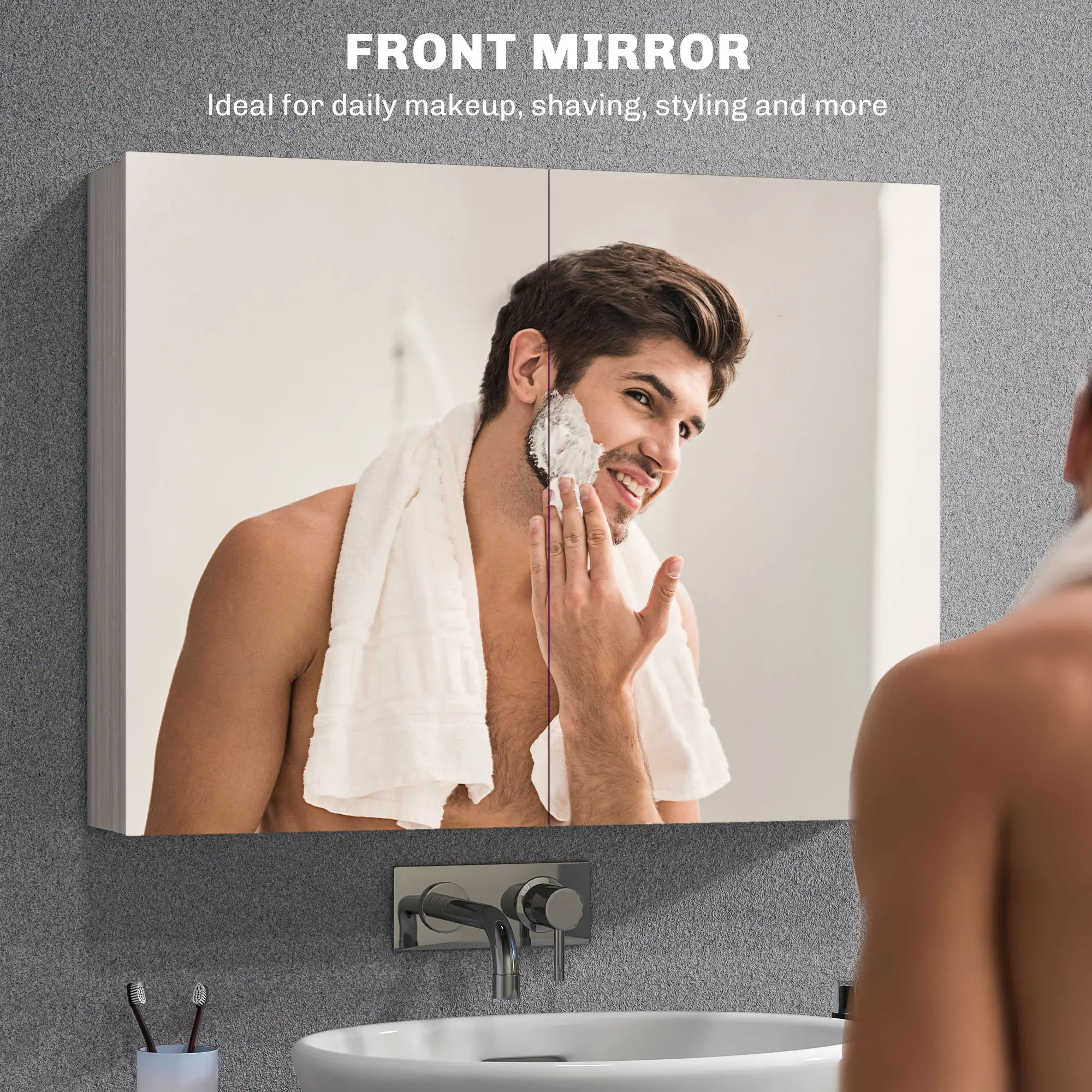 Wall-Mounted Bathroom Mirror Cabinet, Double Doors, Adjustable Shelf, Grey - Image 5