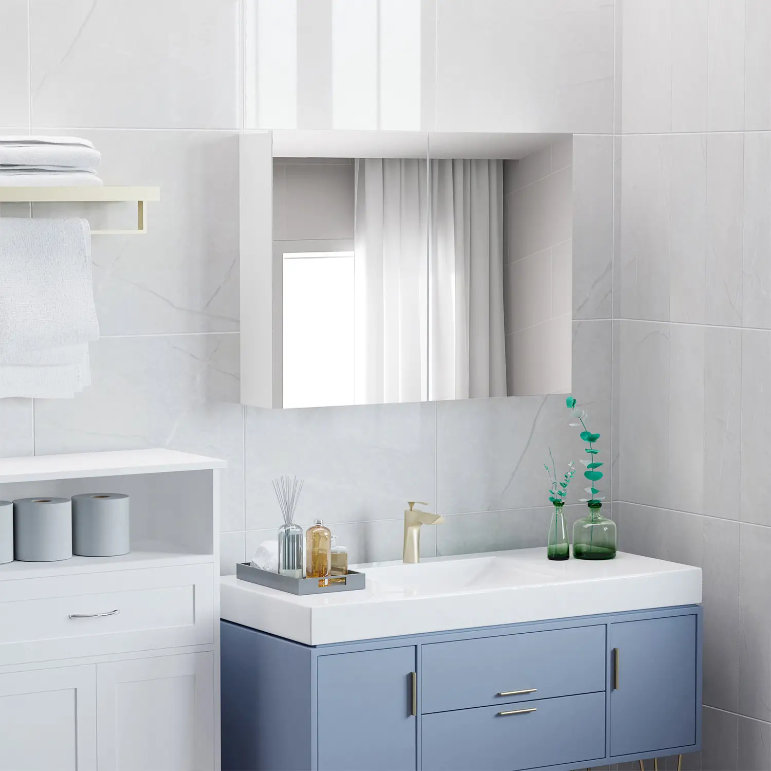 Wall-Mounted Bathroom Mirror Cabinet, Double Doors, Adjustable Shelf, Lilac - Image 9