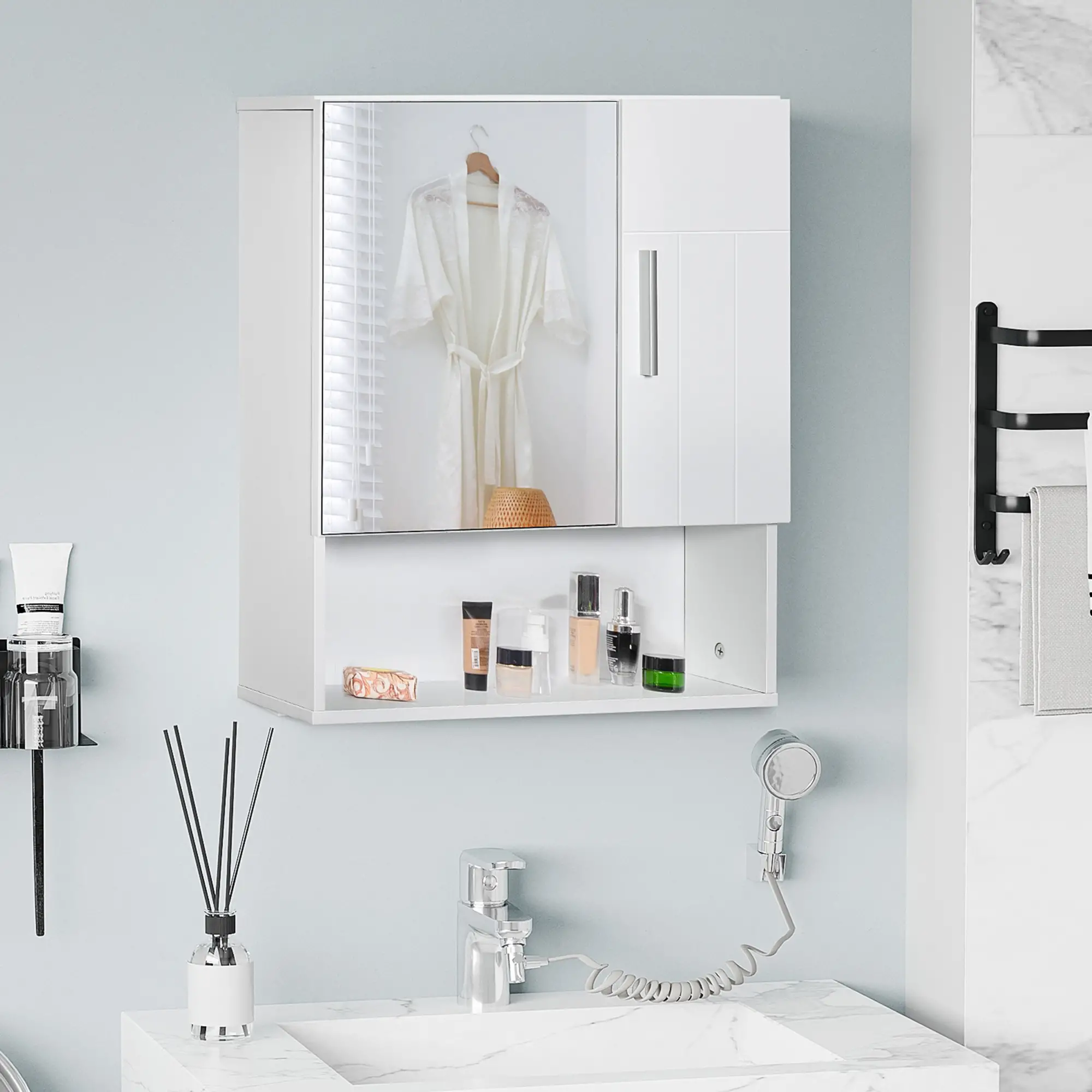 Wall Mounted Bathroom Mirror Cabinet, Double Doors, Adjustable Shelf, White - Image 2