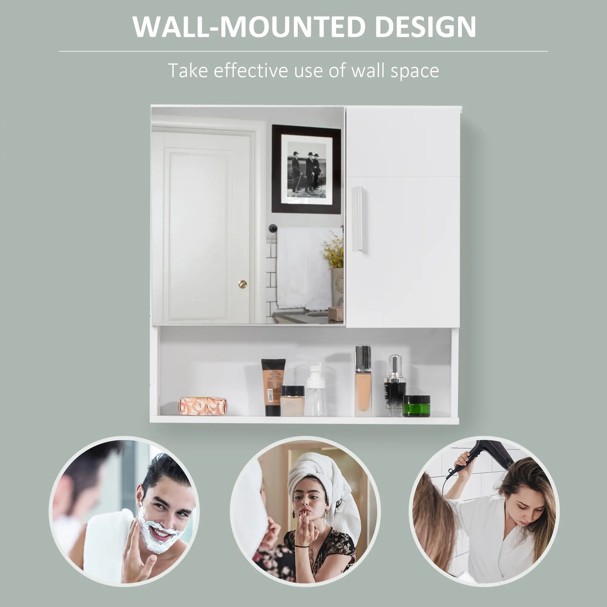 Wall Mounted Bathroom Mirror Cabinet, Double Doors, Adjustable Shelf, White - Image 5