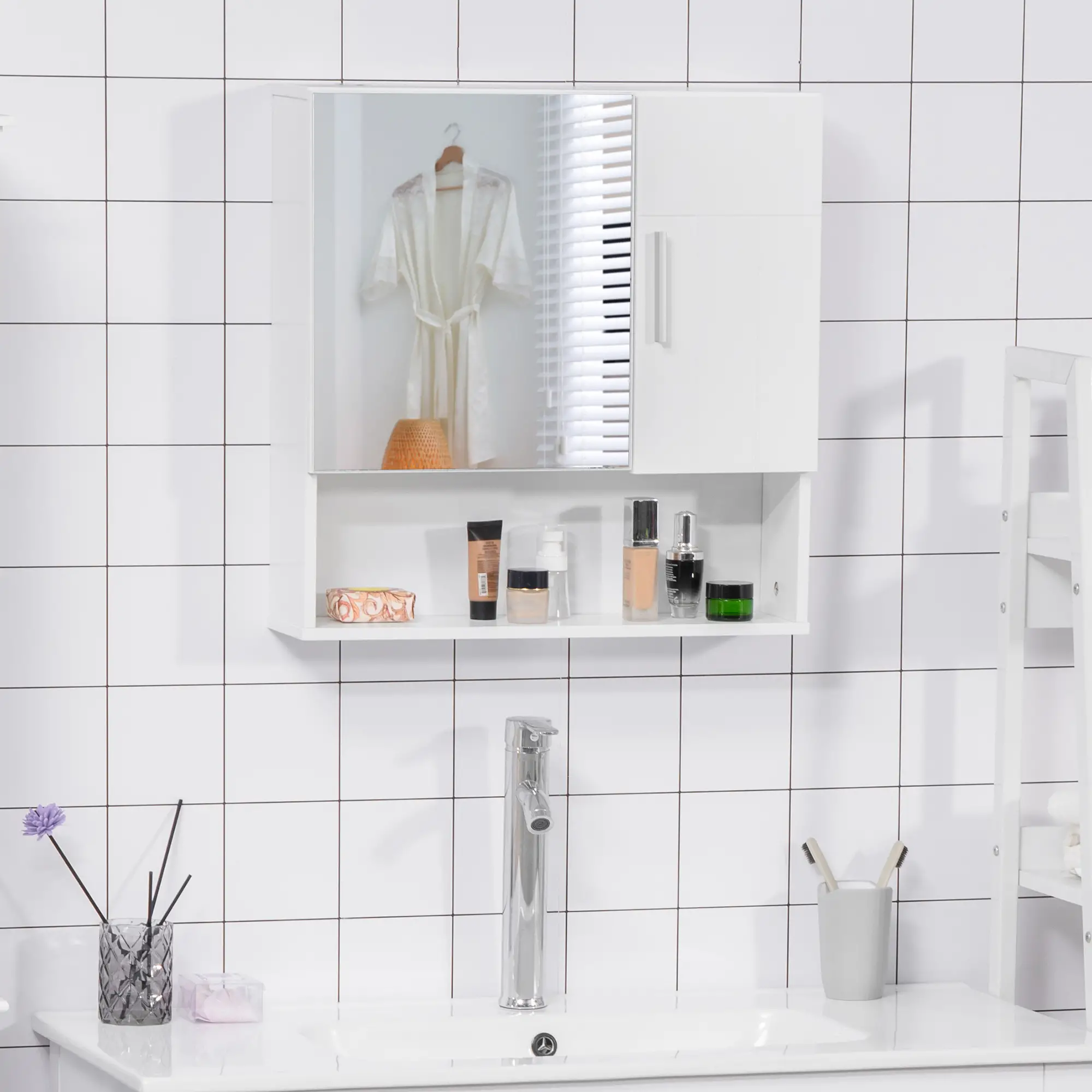 Wall Mounted Bathroom Mirror Cabinet, Double Doors, Adjustable Shelf, White - Image 8