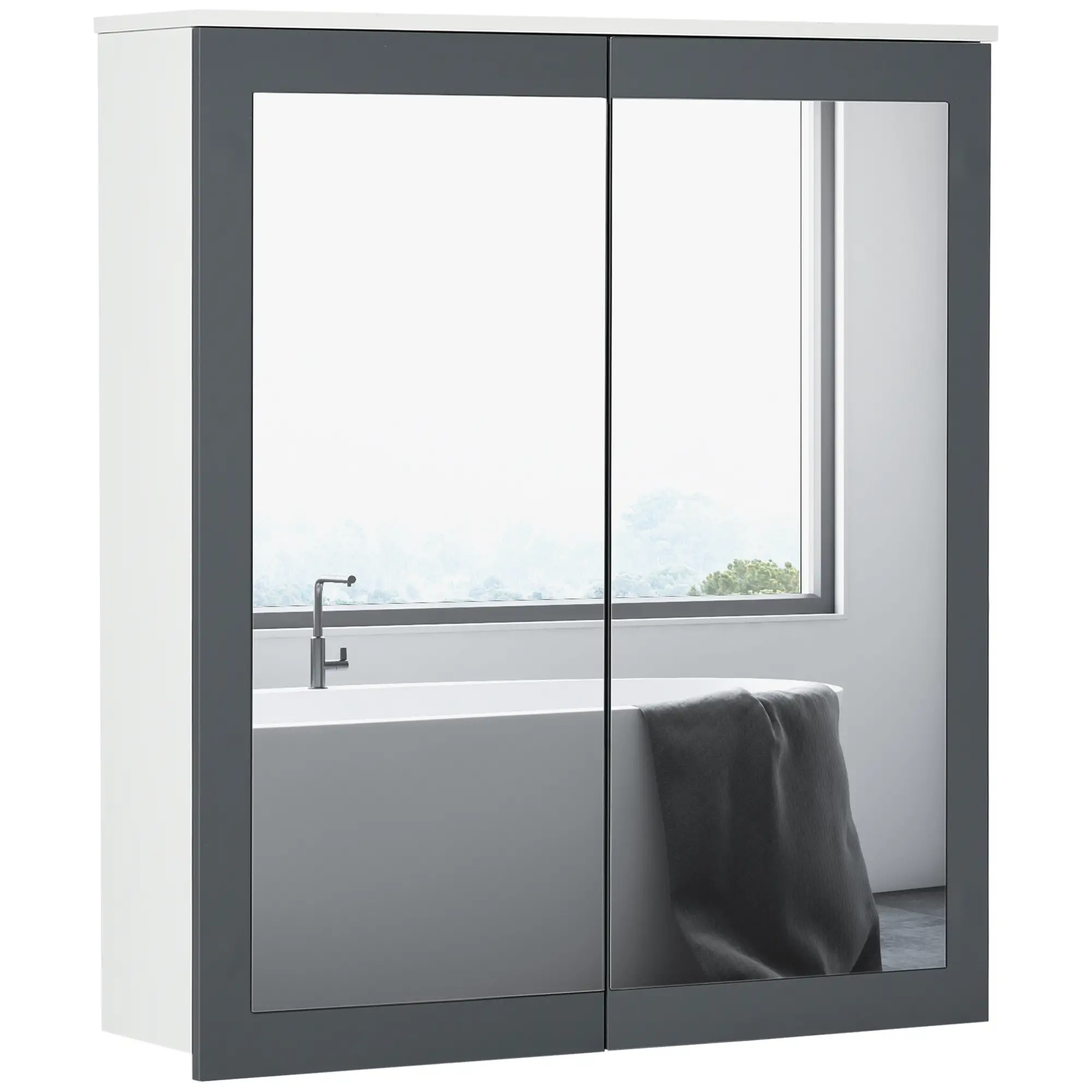 Wall Mounted Bathroom Mirror Cabinet, Double Doors, Adjustable Shelves, White