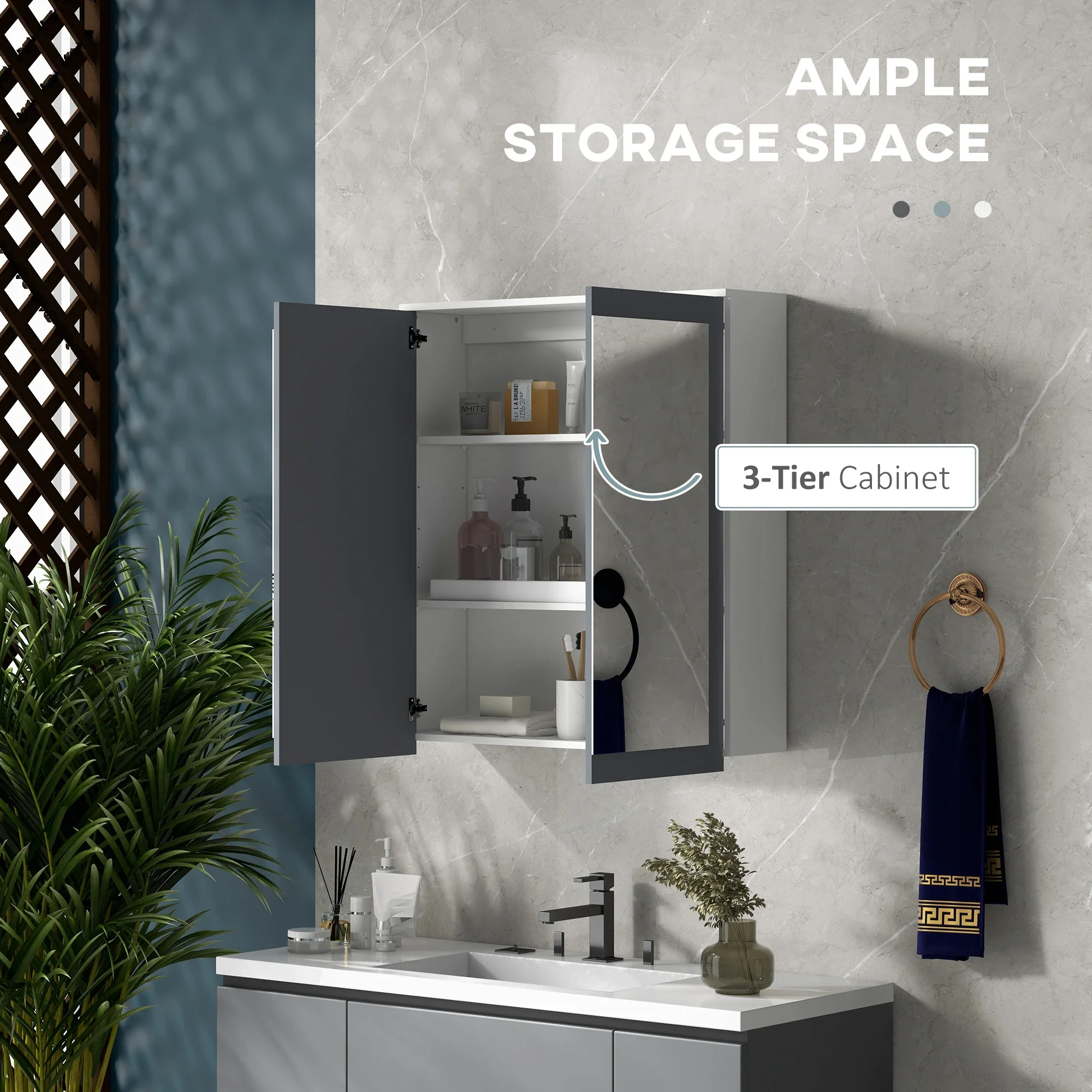 Wall Mounted Bathroom Mirror Cabinet, Double Doors, Adjustable Shelves, White - Image 4