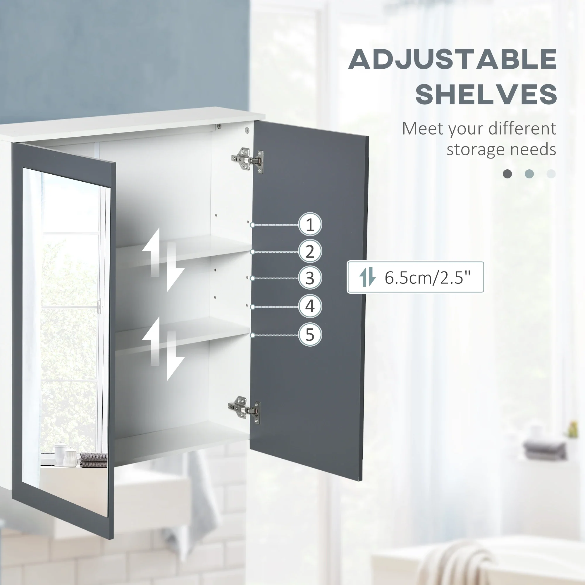 Wall Mounted Bathroom Mirror Cabinet, Double Doors, Adjustable Shelves, White - Image 6