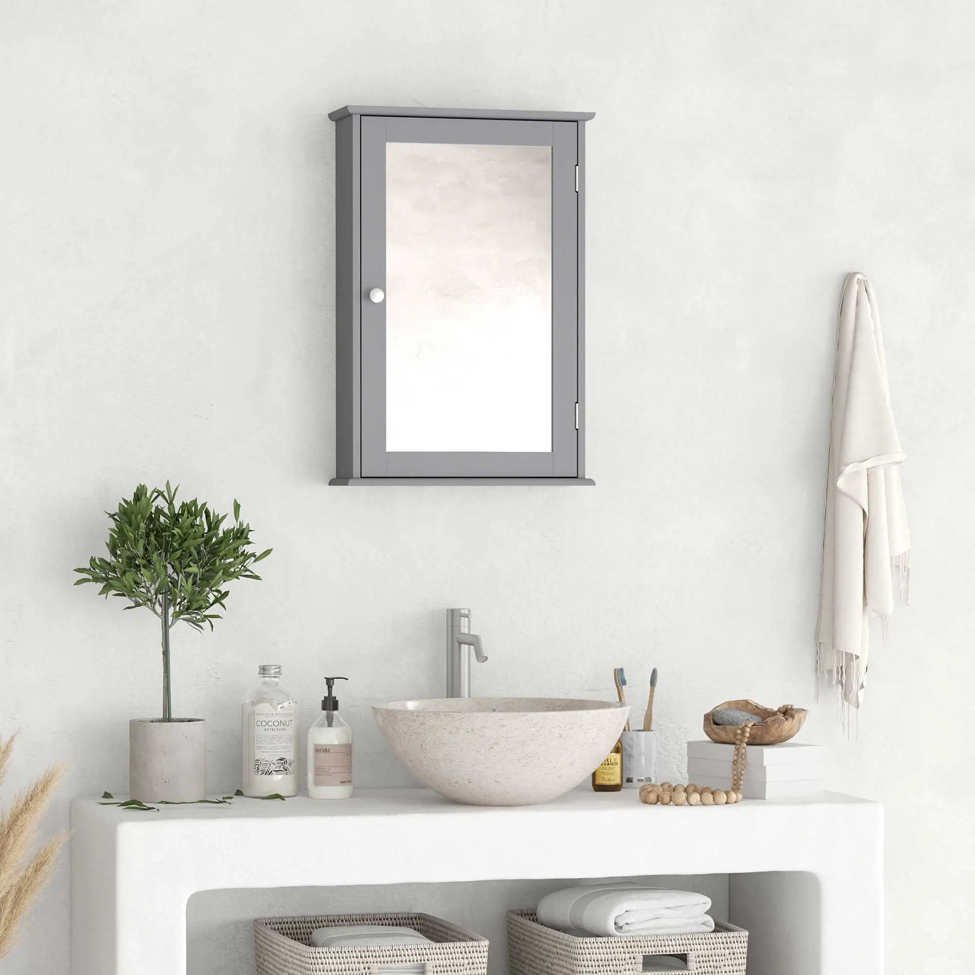 Wall Mounted Bathroom Mirror Cabinet, With Door and Shelves, Grey - Image 8