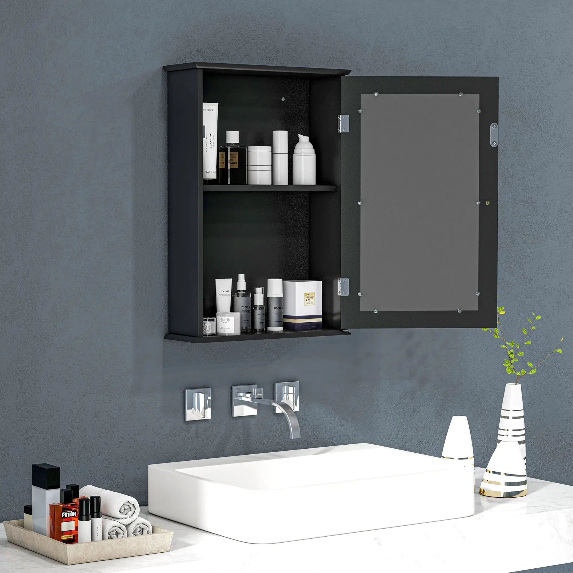 Wall Mounted Bathroom Mirror Cabinet with Shelves, Black - Image 2