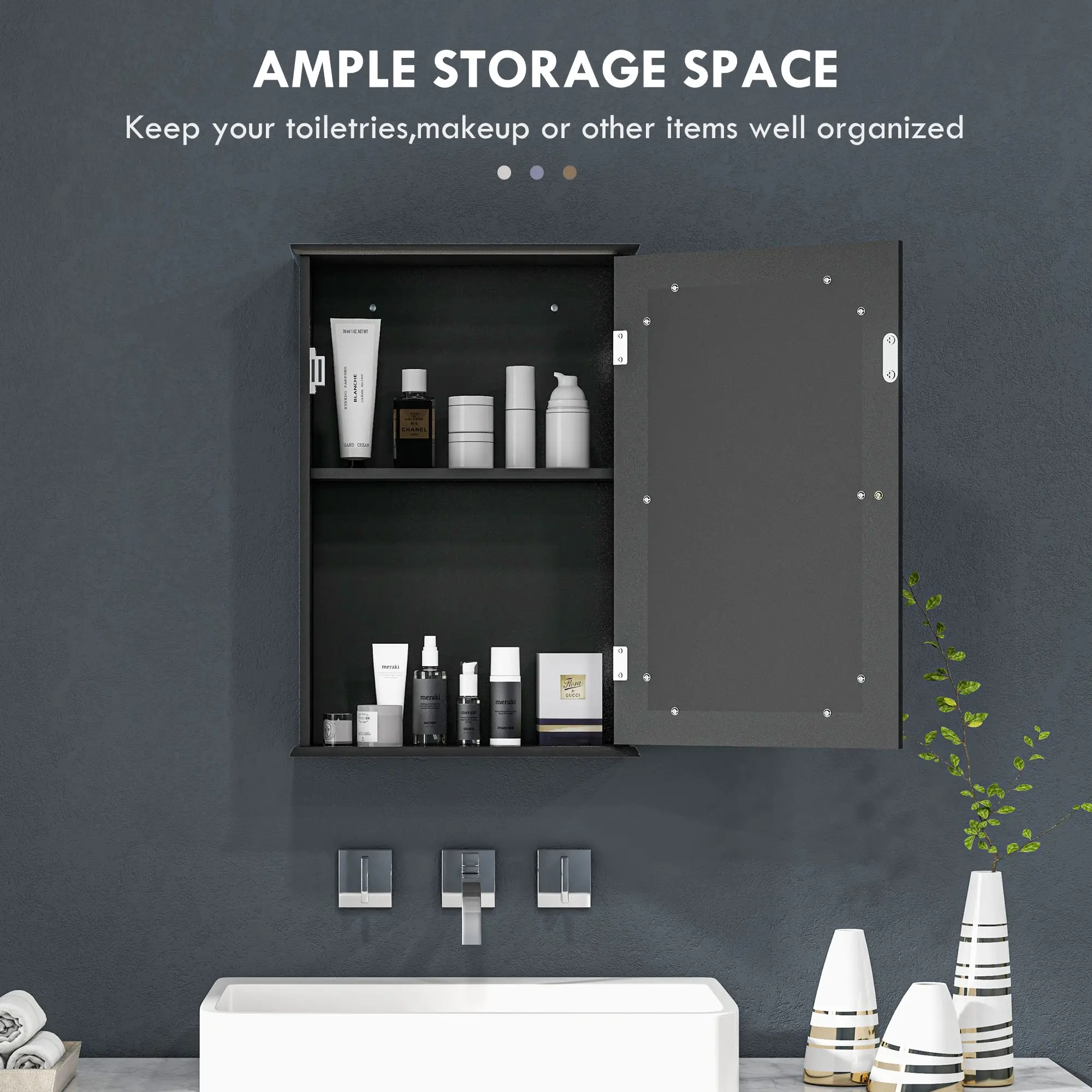 Wall Mounted Bathroom Mirror Cabinet with Shelves, Black - Image 5