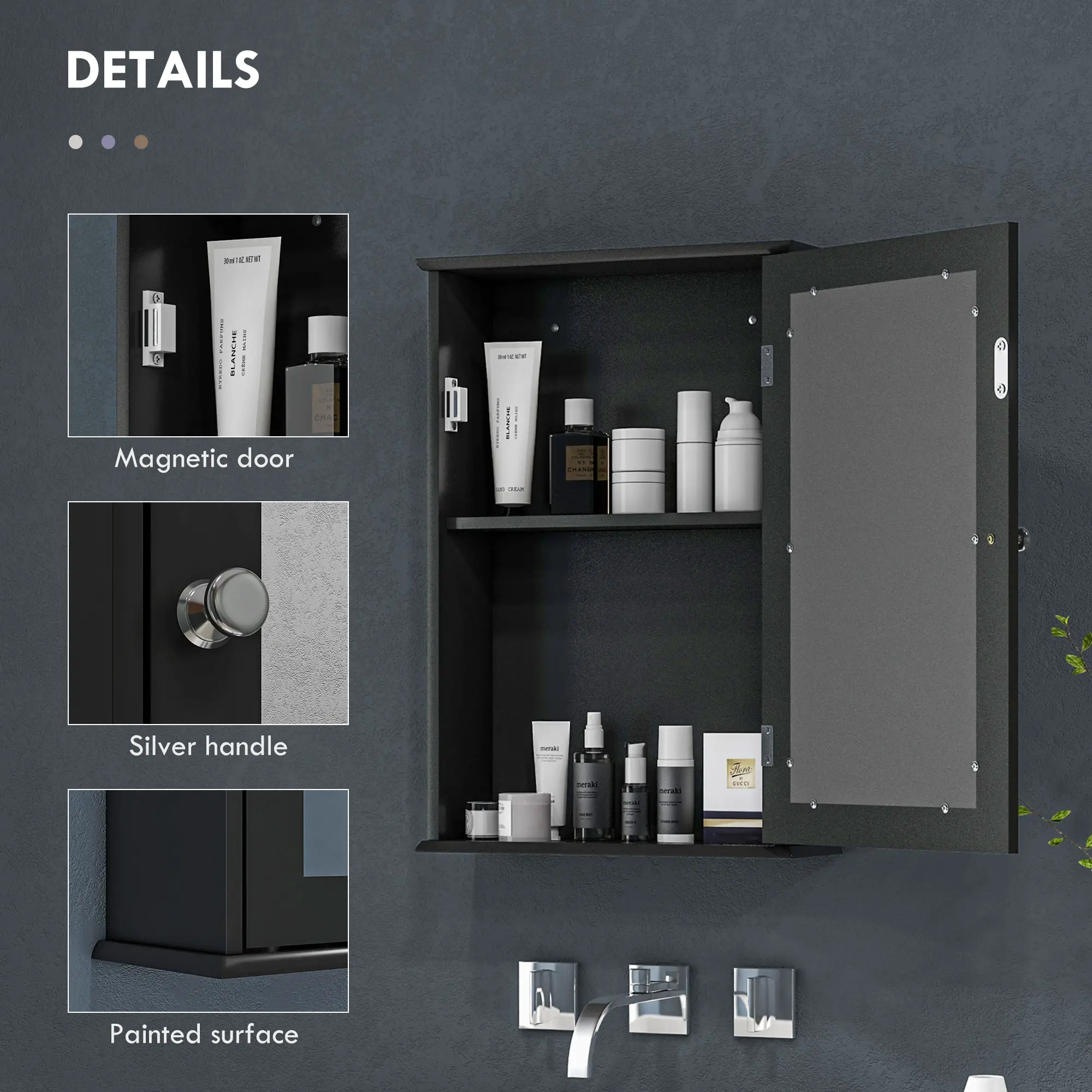 Wall Mounted Bathroom Mirror Cabinet with Shelves, Black - Image 6
