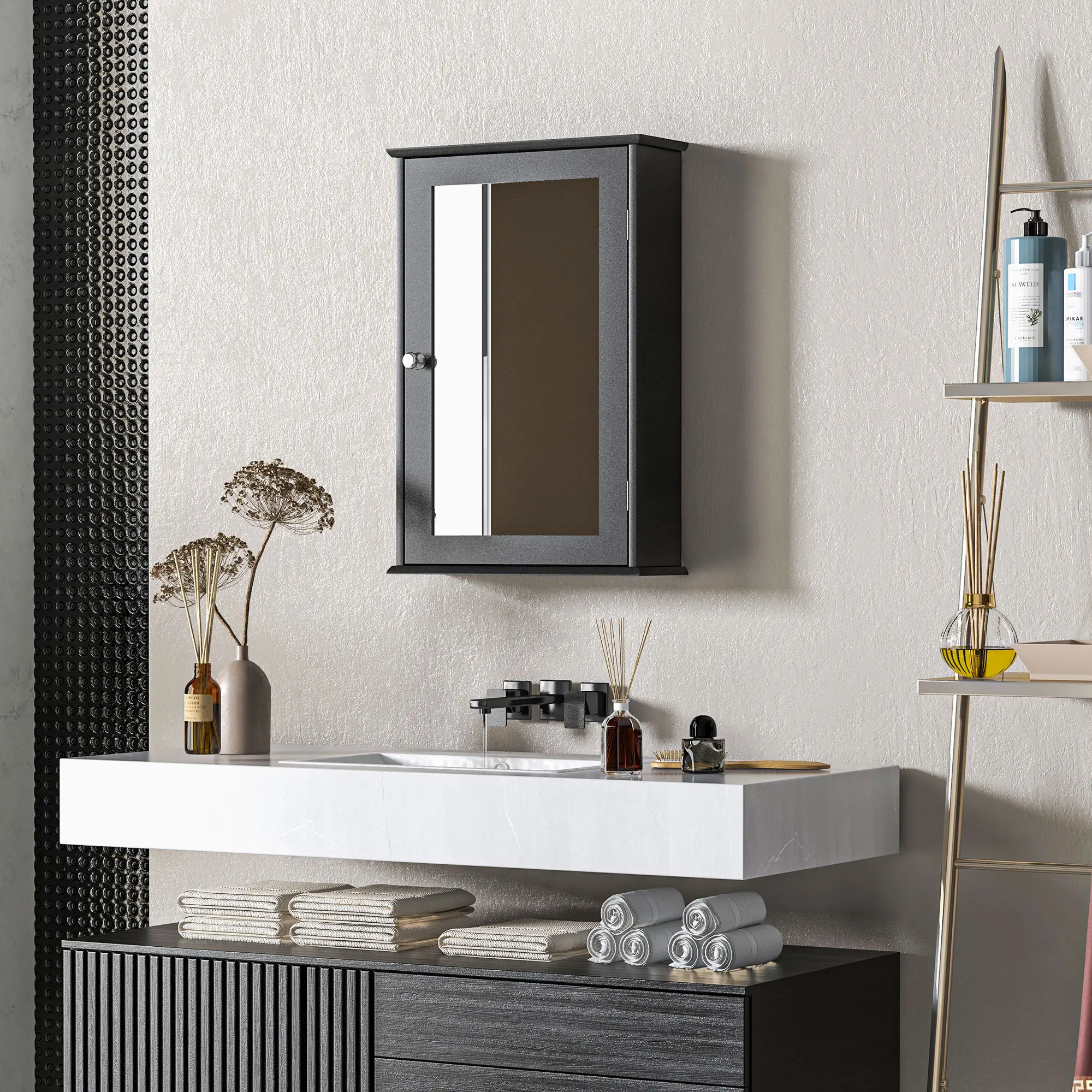 Wall Mounted Bathroom Mirror Cabinet with Shelves, Black - Image 7