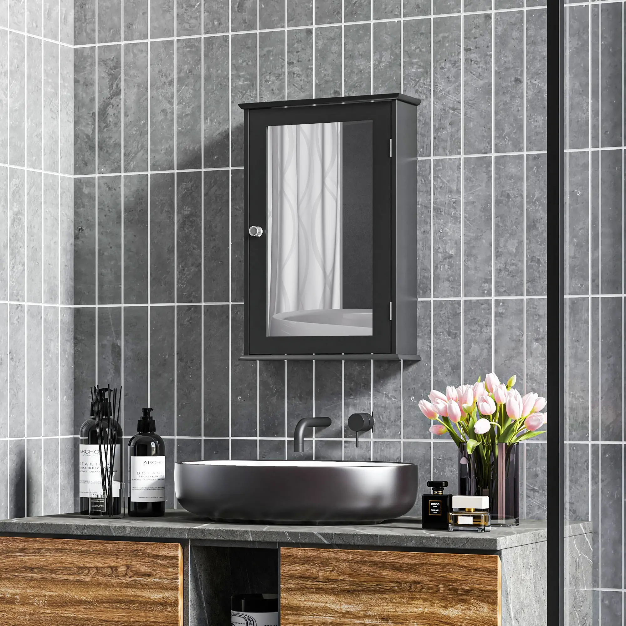 Wall Mounted Bathroom Mirror Cabinet with Shelves, Black - Image 8