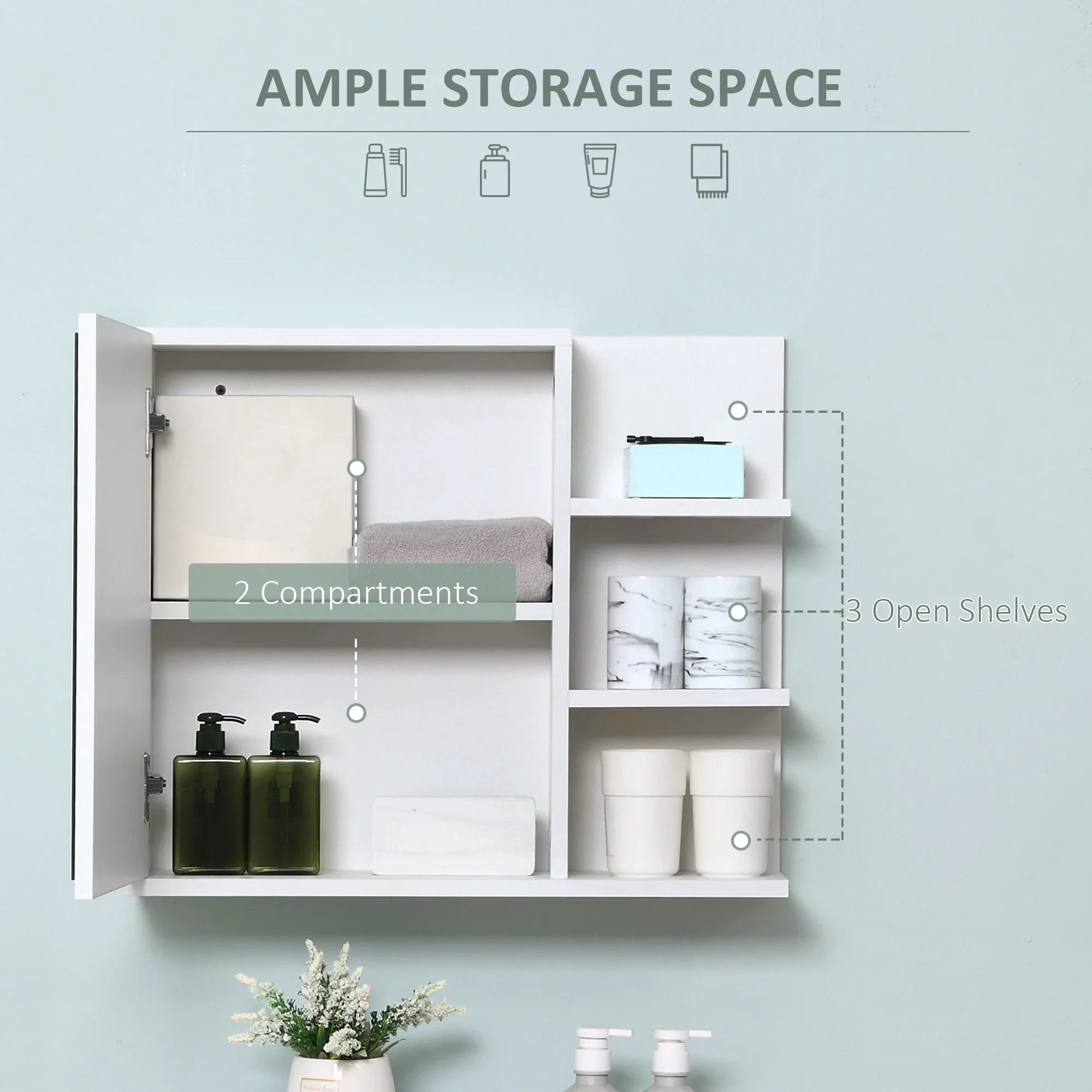 Wall Mounted Bathroom Storage Cabinet with Mirror, 3 Shelves, 2-Tier Cupboard - Image 4