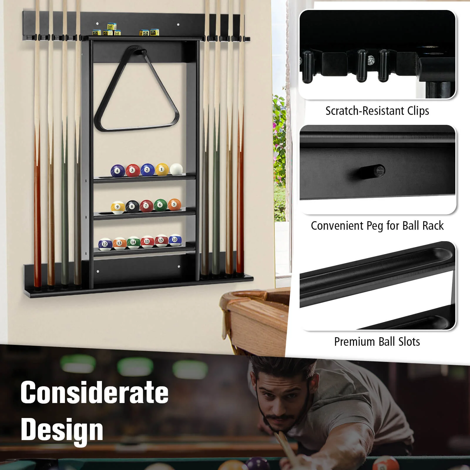 Wall Mounted Billiards Pool Cue Rack, Black - Image 10