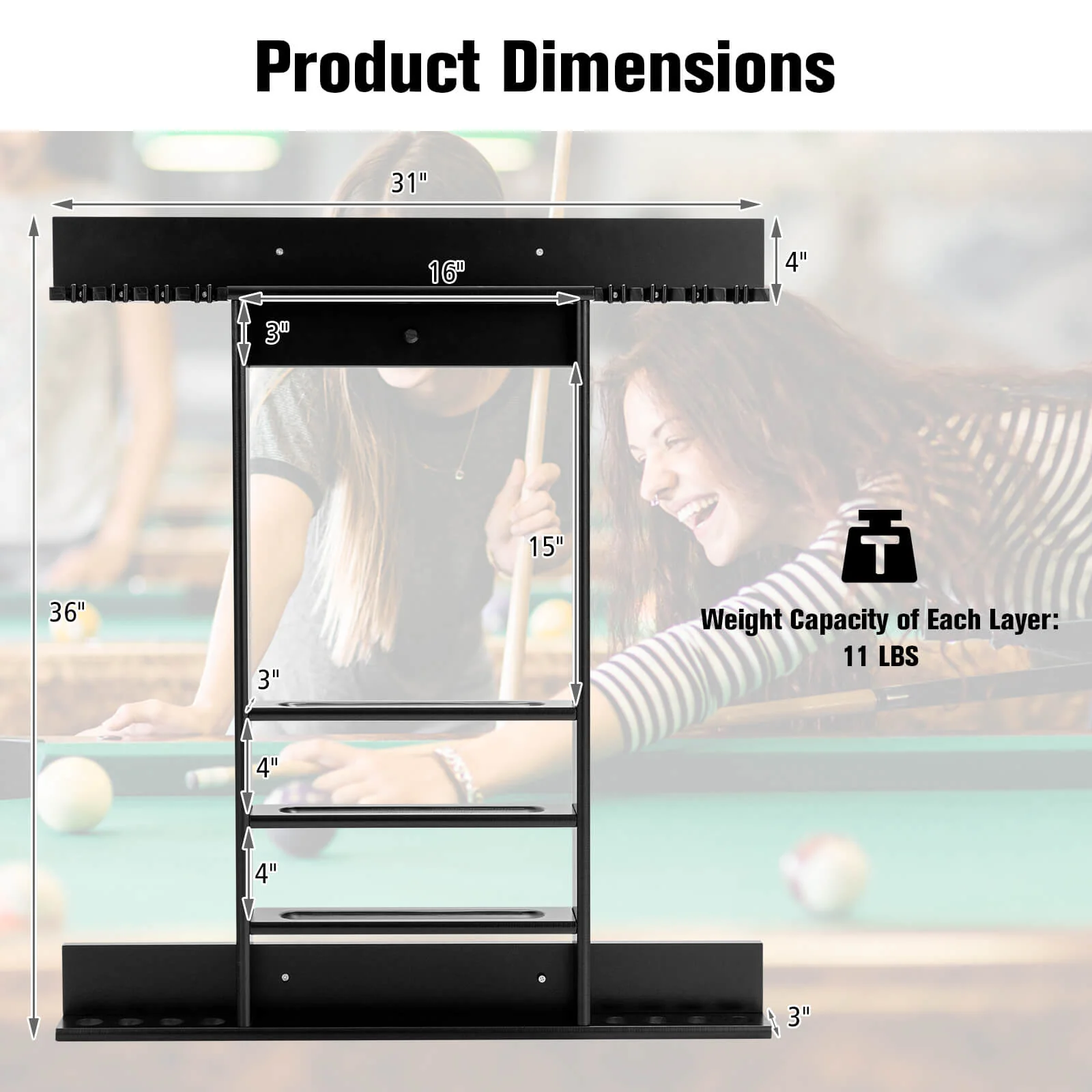 Wall Mounted Billiards Pool Cue Rack, Black - Image 5