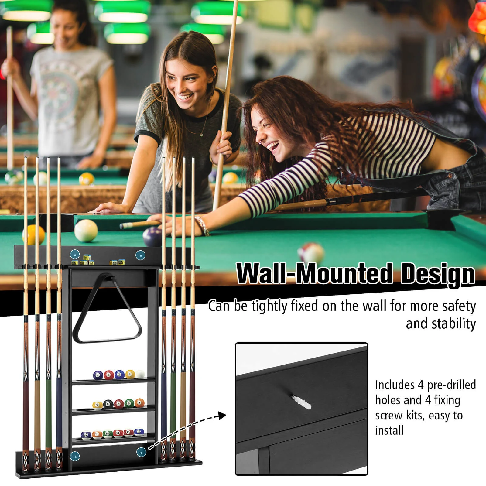 Wall Mounted Billiards Pool Cue Rack, Black - Image 6
