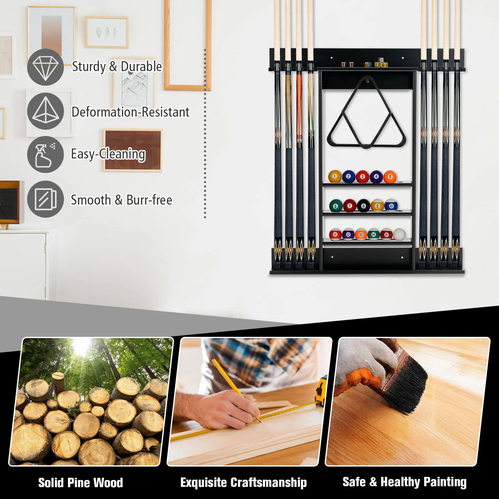 Wall Mounted Billiards Pool Cue Rack, Black - Image 9