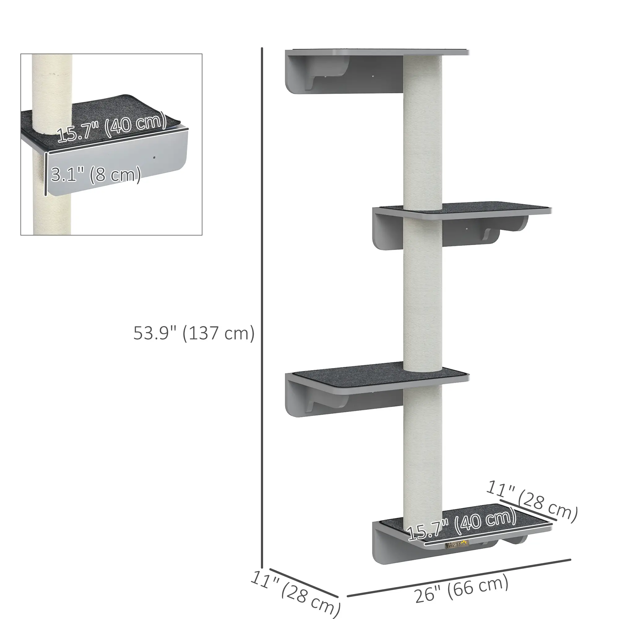 Wall-Mounted Cat Shelf, 4 Platforms, 3 Scratching Posts, Light Grey - Image 3