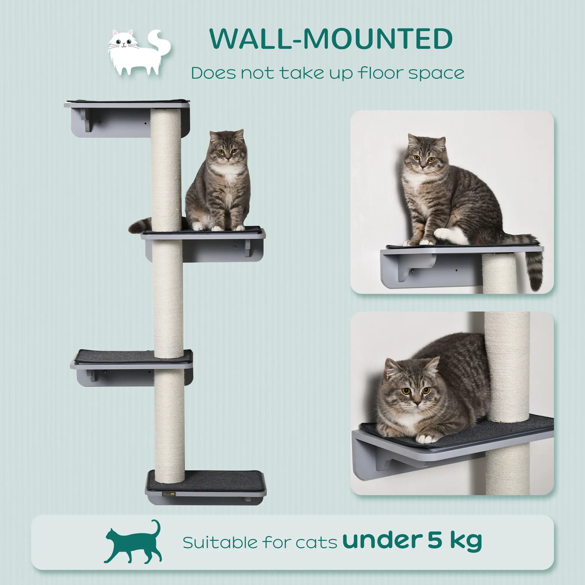 Wall-Mounted Cat Shelf, 4 Platforms, 3 Scratching Posts, Light Grey - Image 4