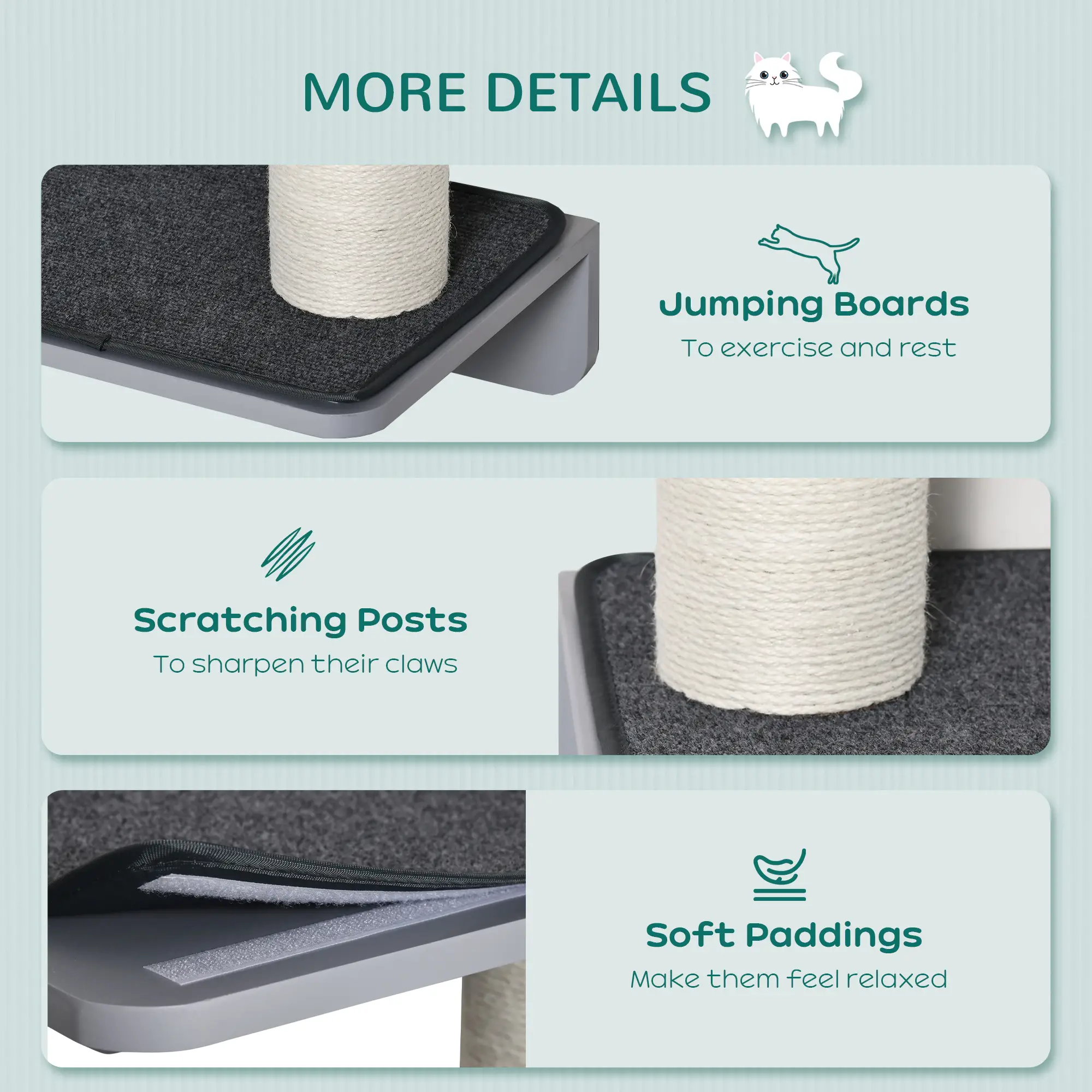 Wall-Mounted Cat Shelf, 4 Platforms, 3 Scratching Posts, Light Grey - Image 5